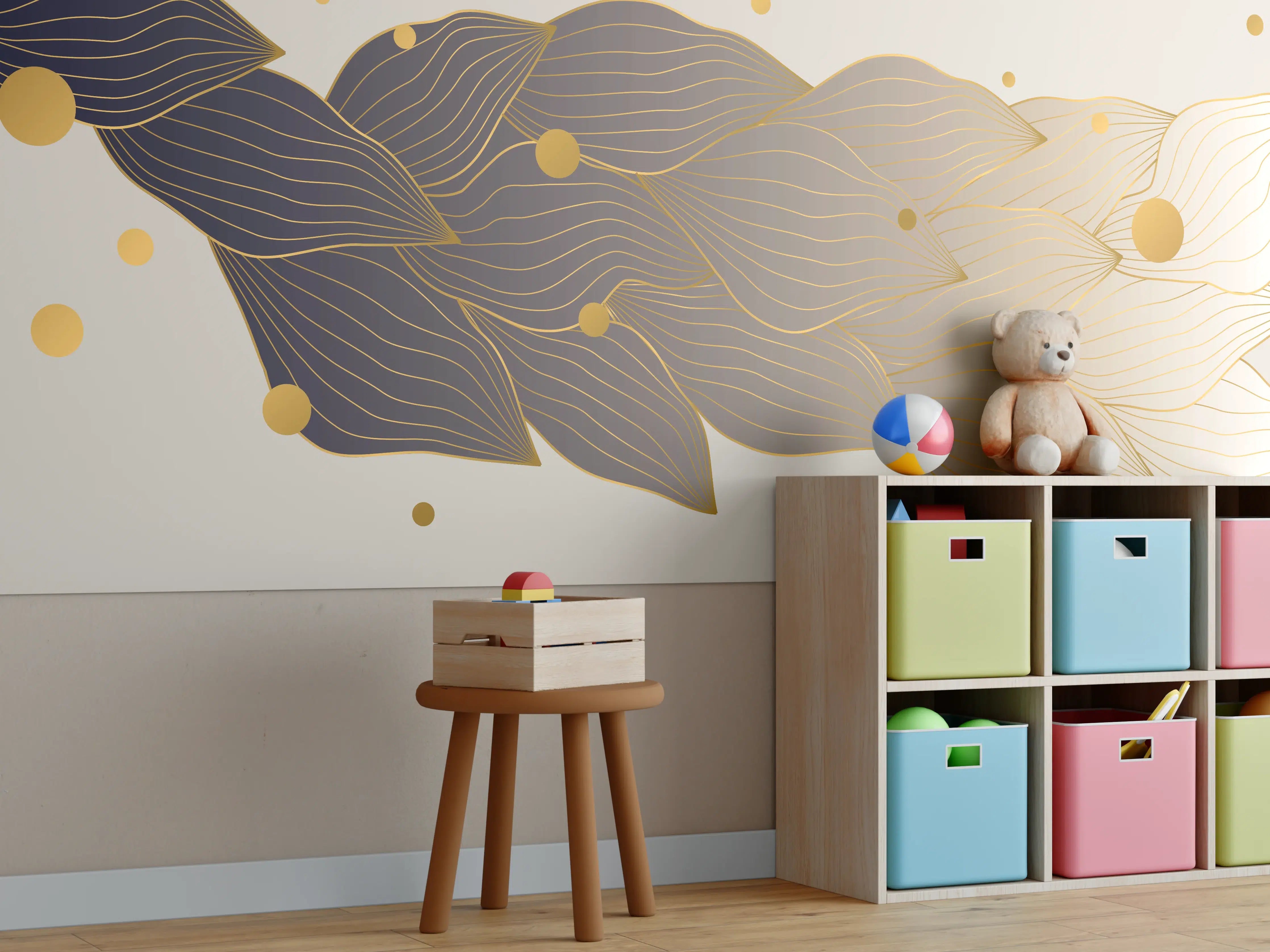 Kinderzimmer Wandgestaltung - Feine Goldlinien Kunst auf weißem Untergrund