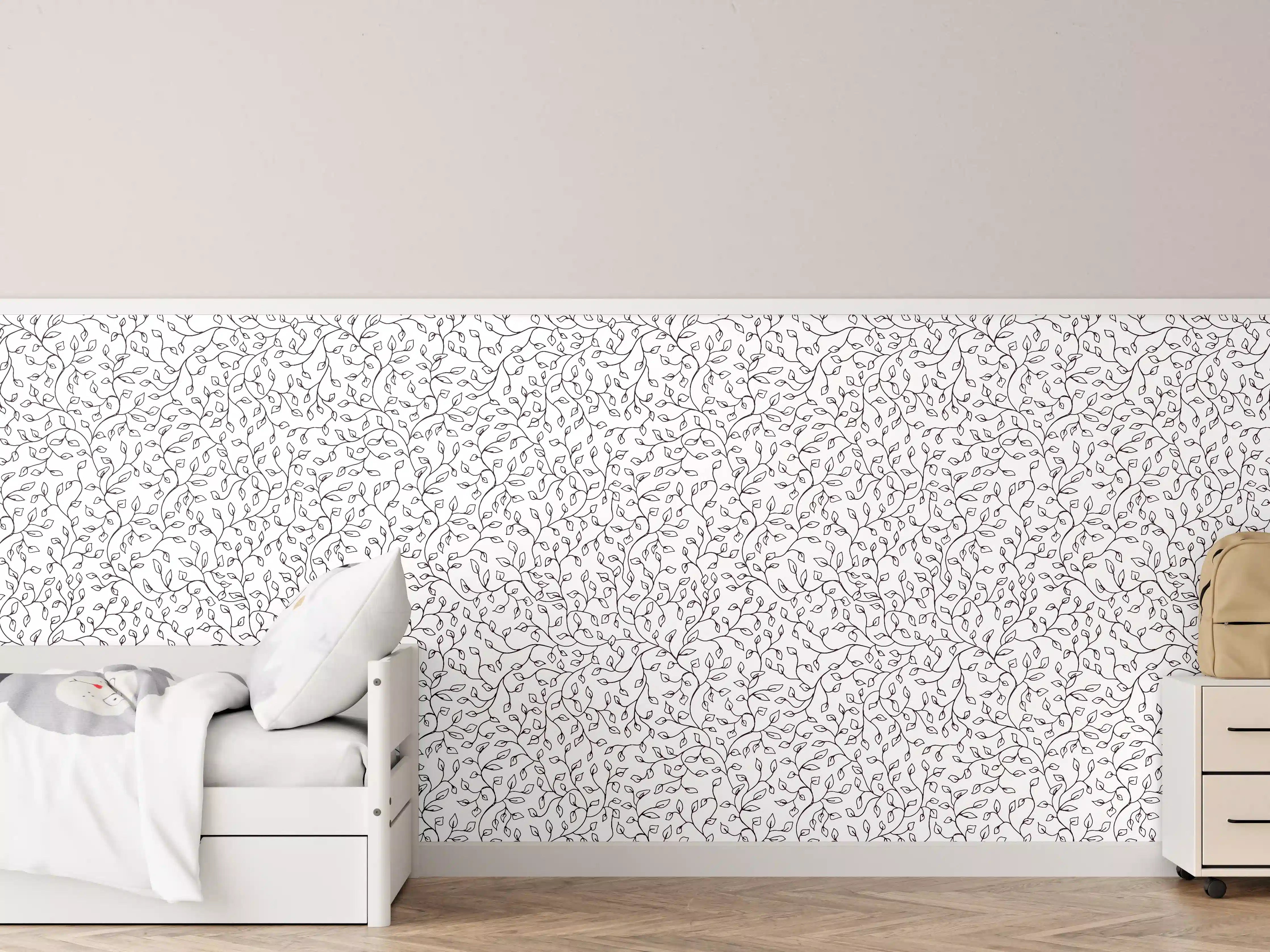 Kinderzimmer Wandgestaltung - Feine weiße Wand mit zartem lila Blumenmuster