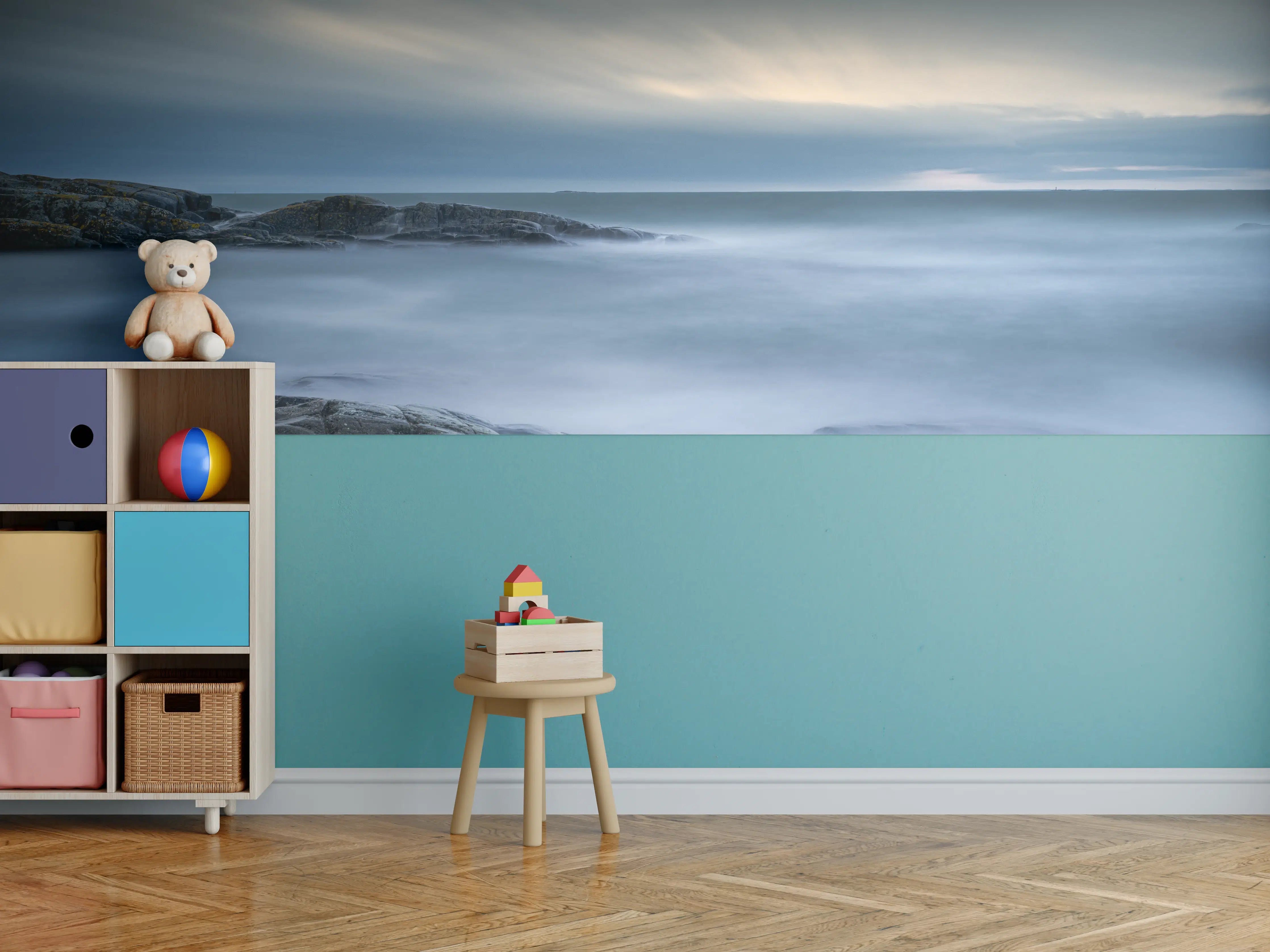 Kinderzimmer Wandgestaltung - Felsiger & Nebliger Strand auf mit schöner Meer Landschaft