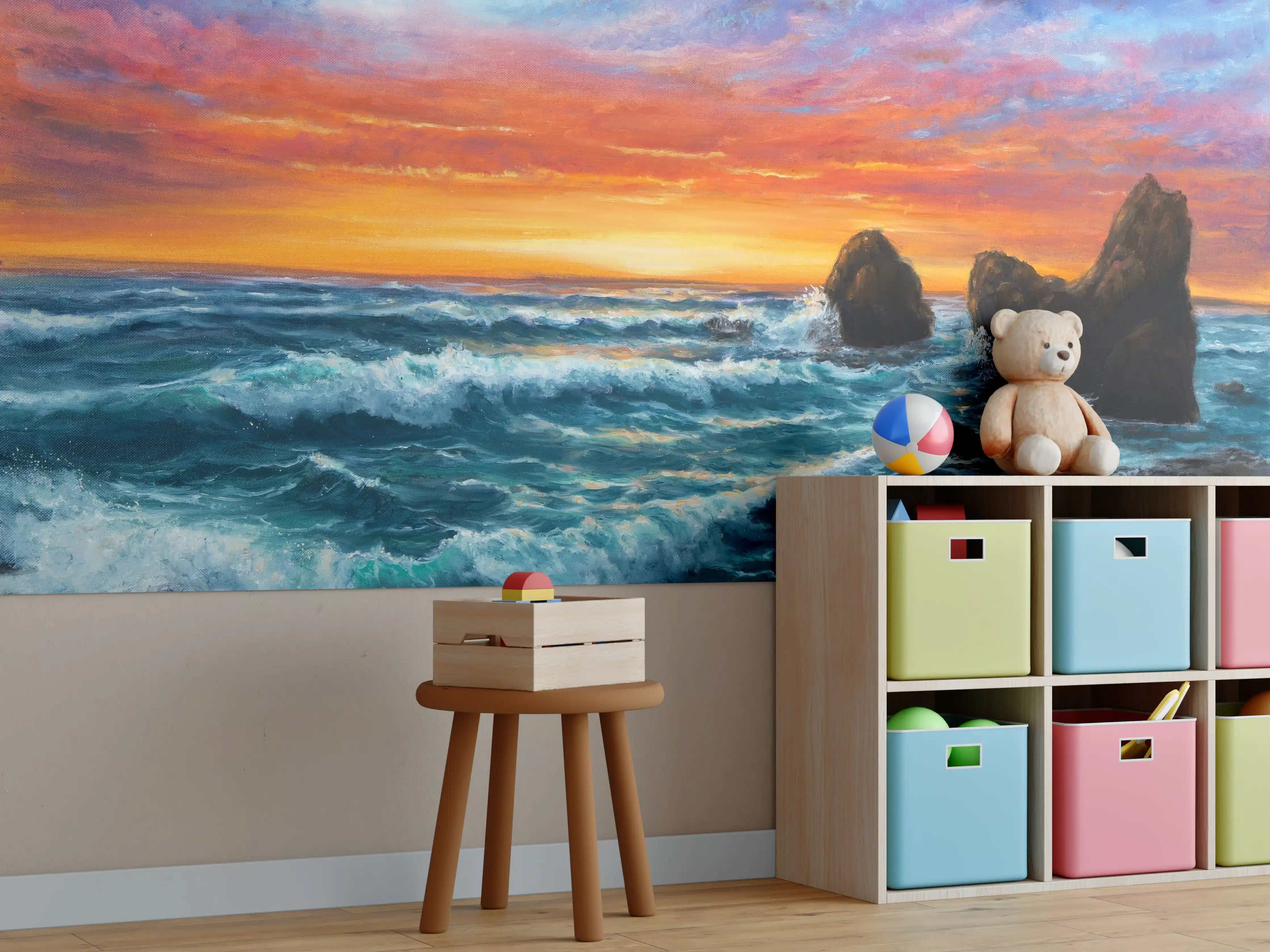 Kinderzimmer Wandgestaltung - Feuriger Sonnenuntergang am Meer