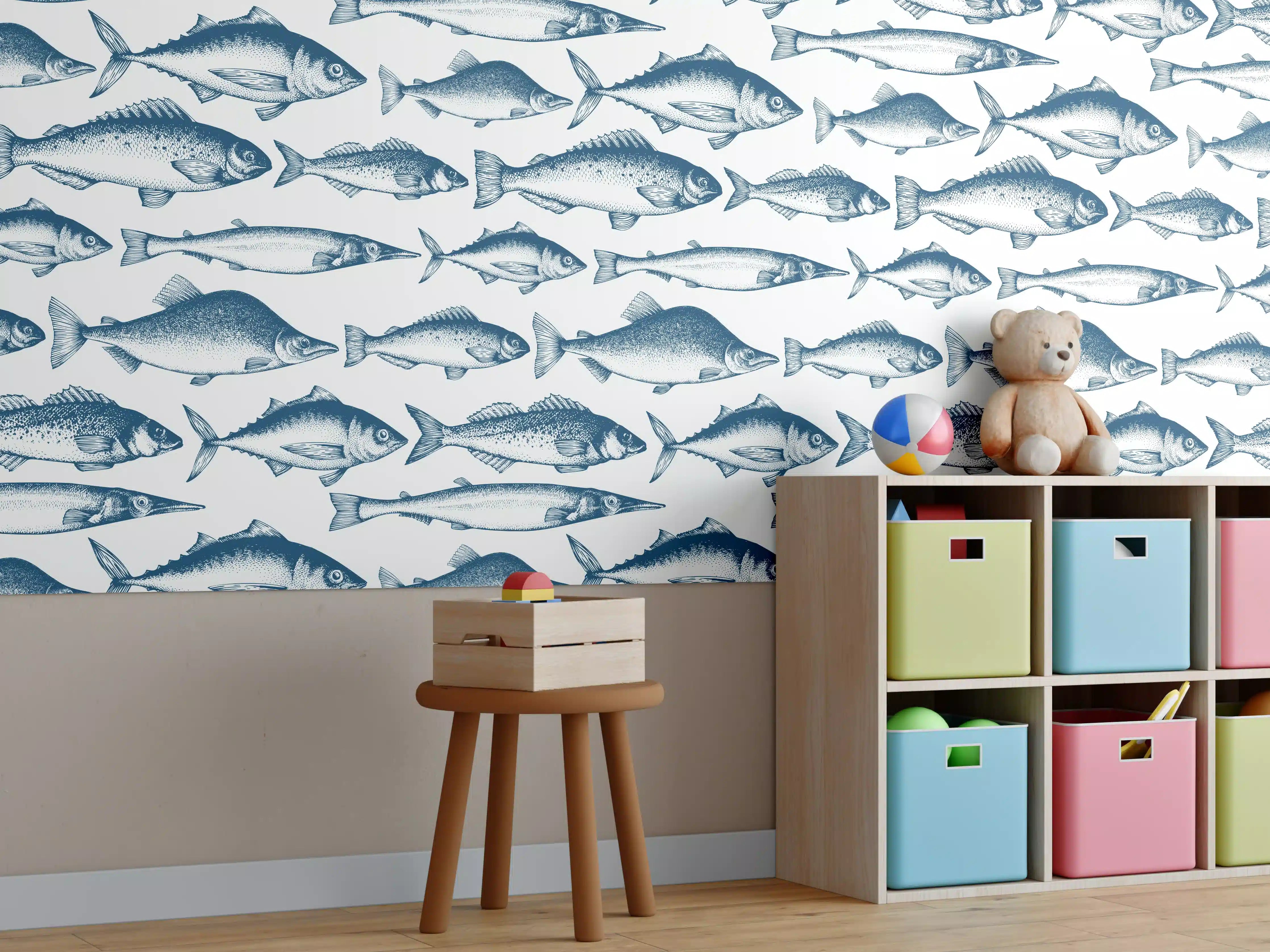 Kinderzimmer Wandgestaltung - Fisch-Design in Blau und Weiß