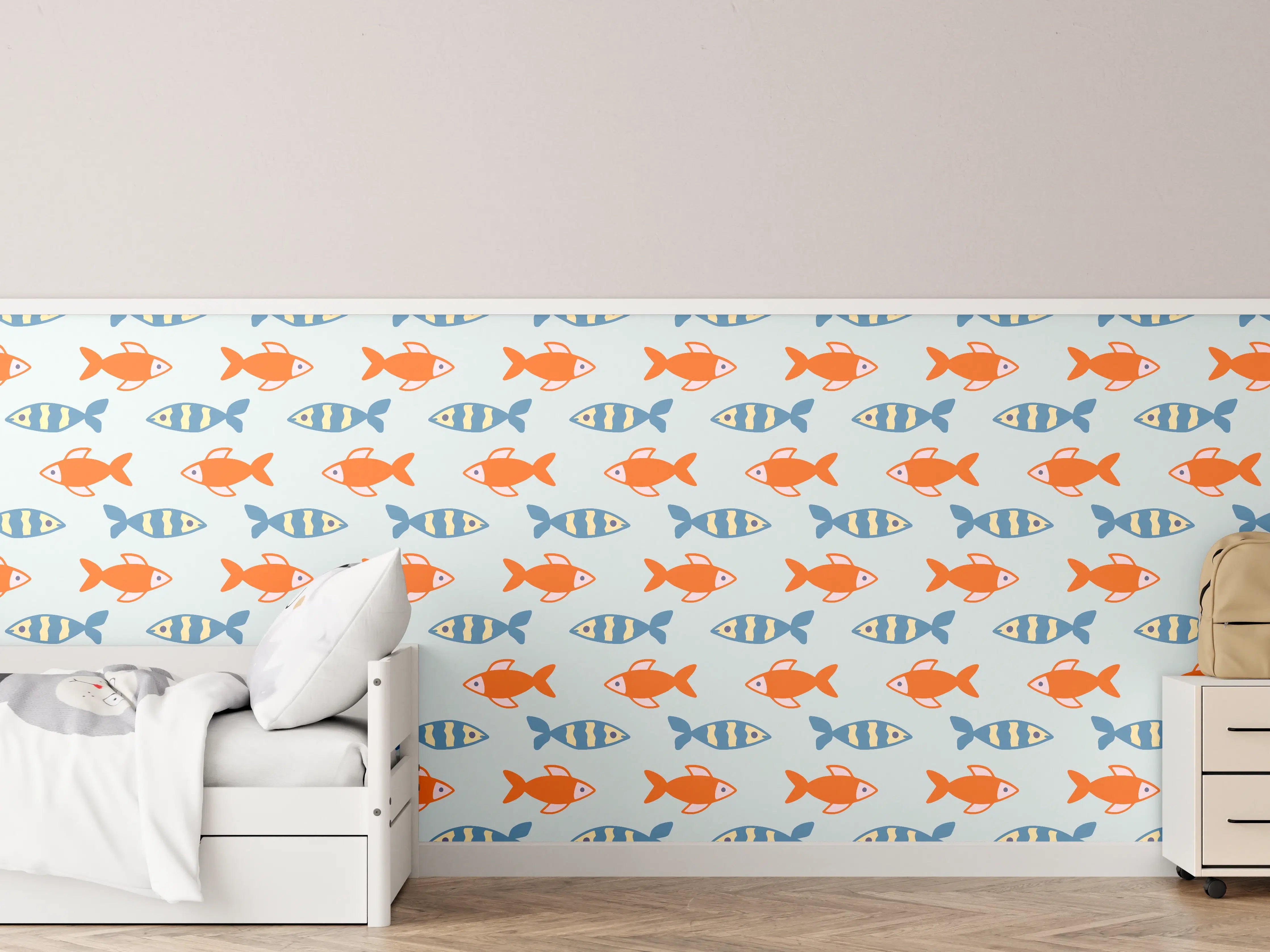 Kinderzimmer Wandgestaltung - Fischmuster Orange-Blau