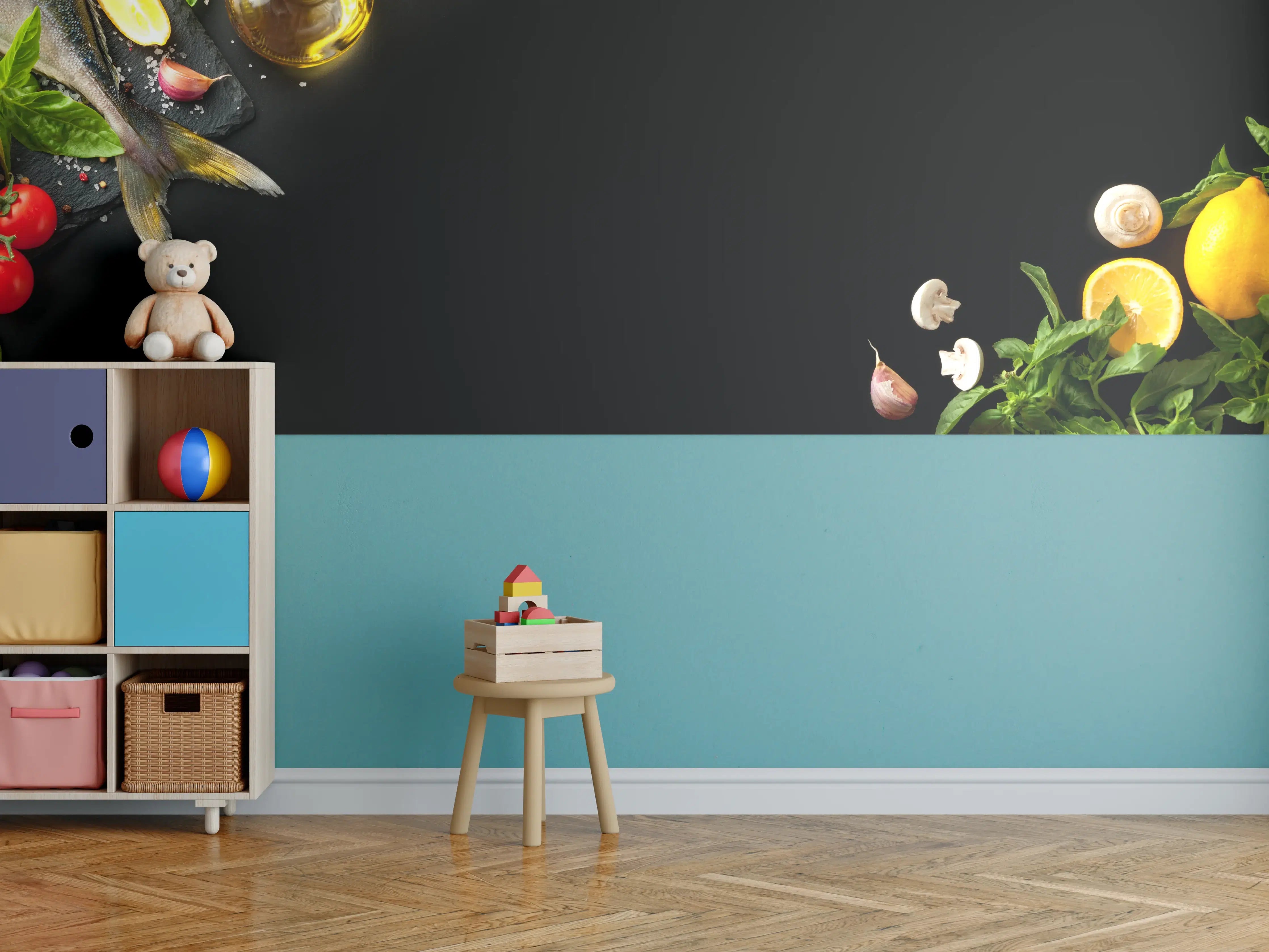 Kinderzimmer Wandgestaltung - Fischzutaten auf schwarzem Hintergrund