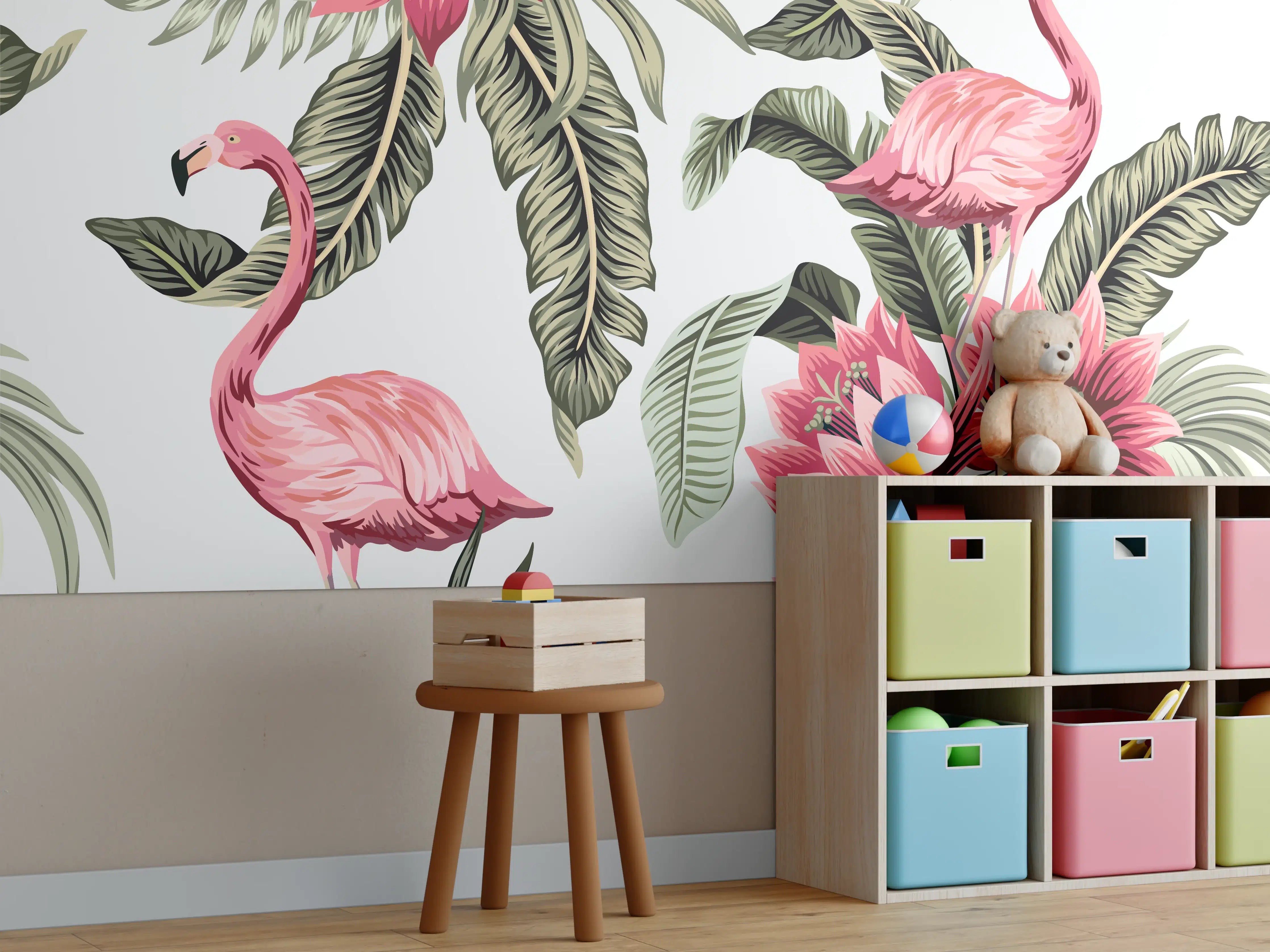 Kinderzimmer Wandgestaltung - Flamingo & Tropenblumen Muster