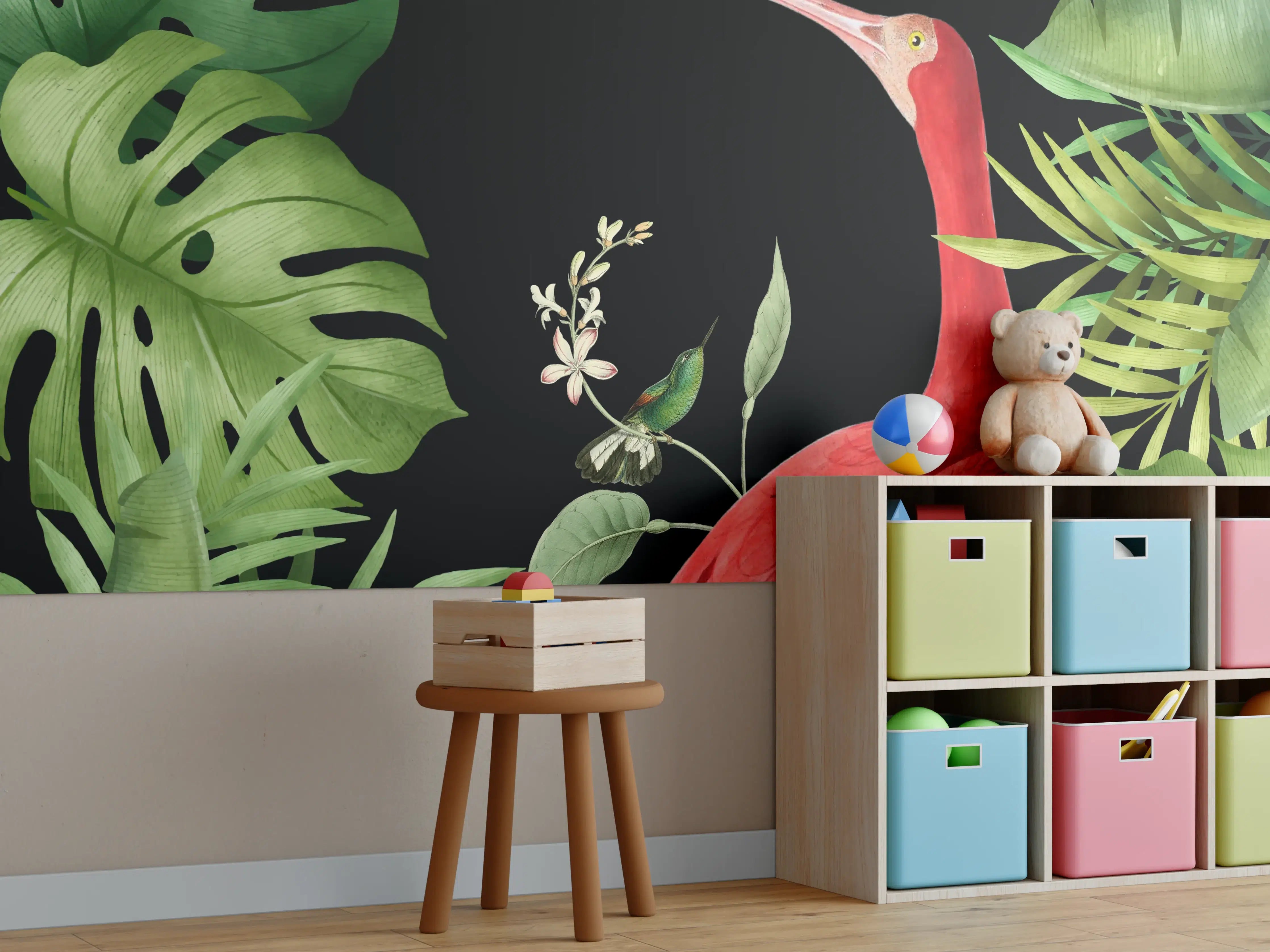 Kinderzimmer Wandgestaltung - Flamingo im Pflanzenrahmen