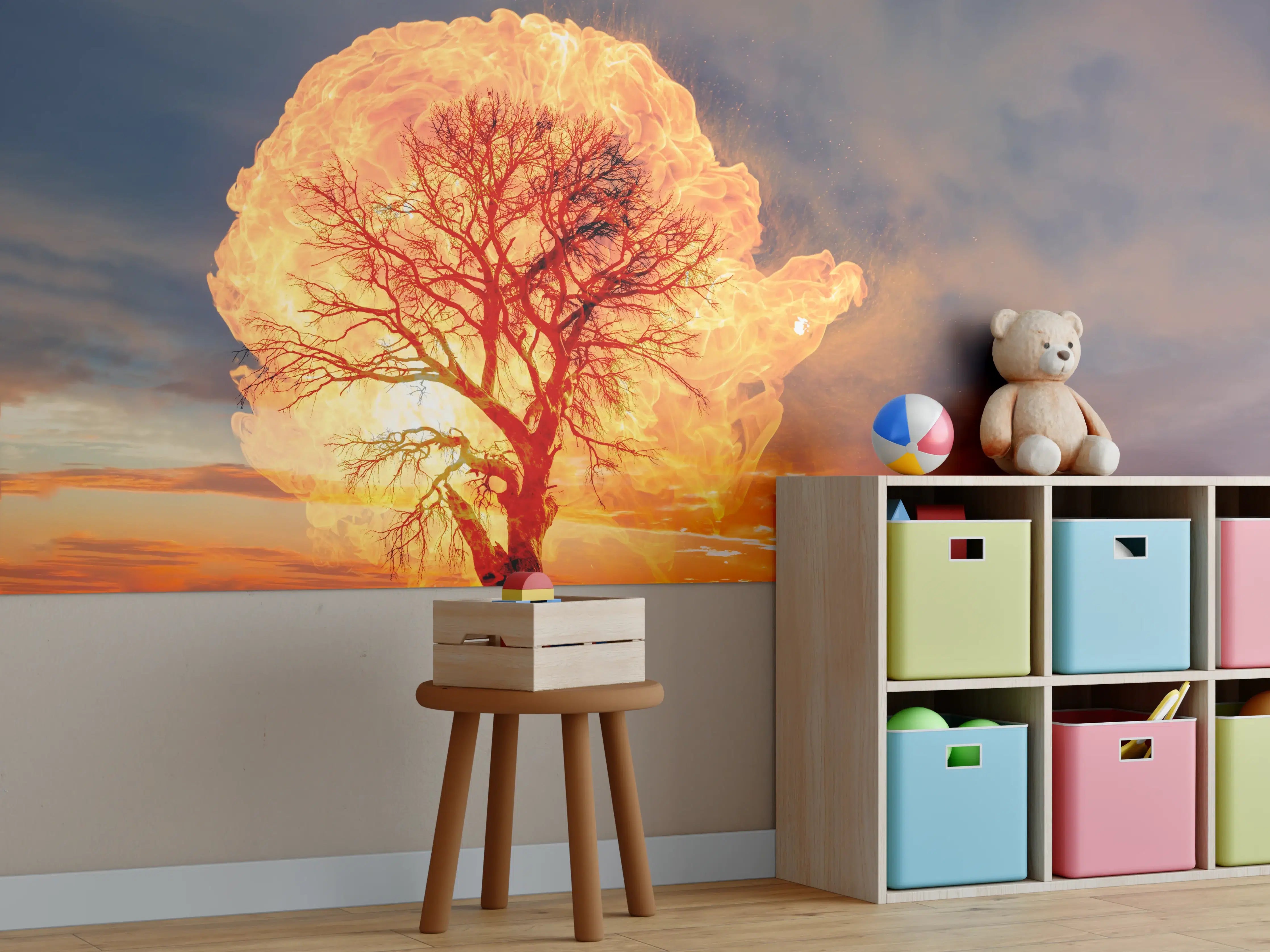 Kinderzimmer Wandgestaltung - Flammender Baum bei Gewitter