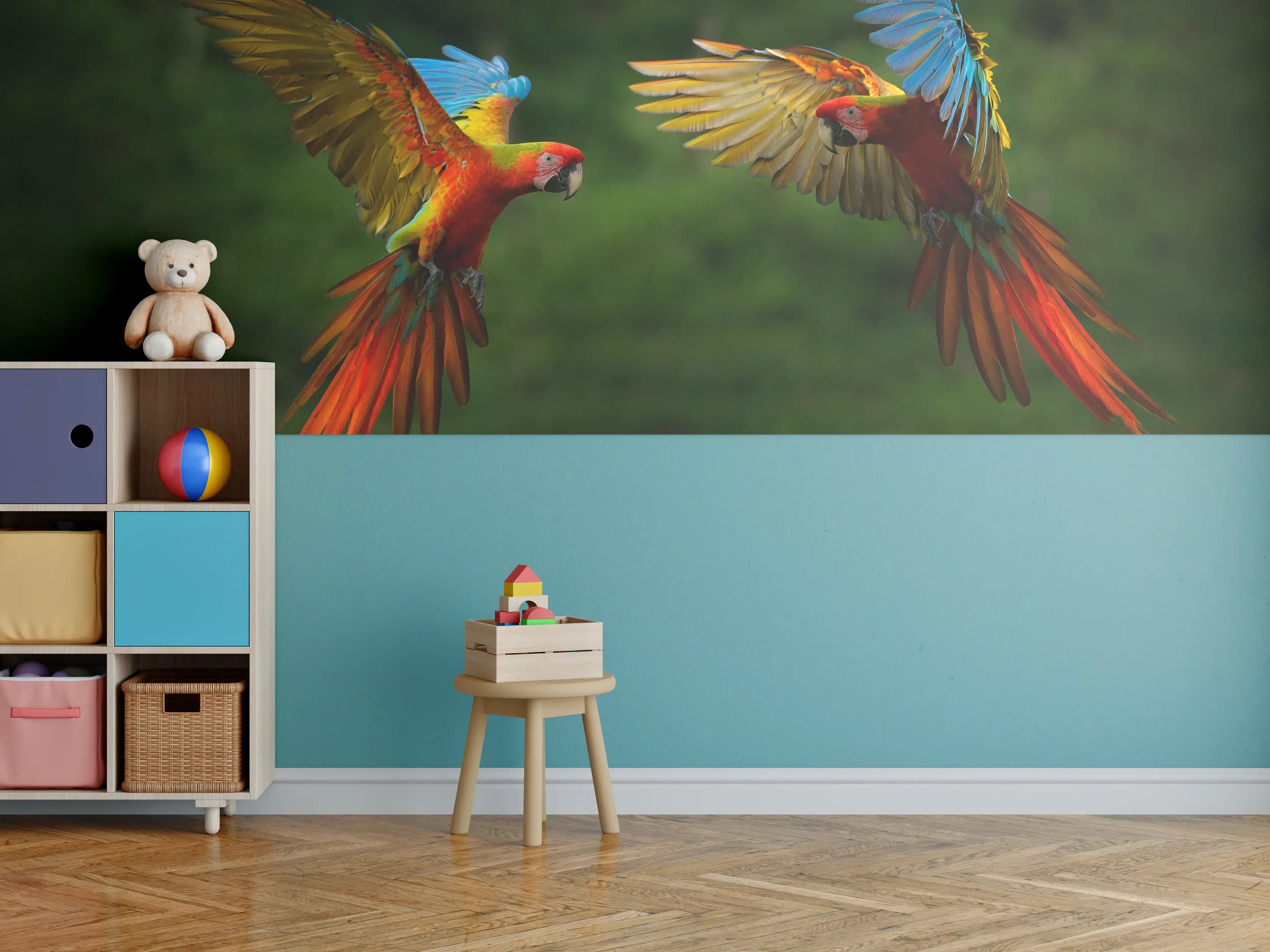 Kinderzimmer Wandgestaltung - Fliegende bunte Papageien