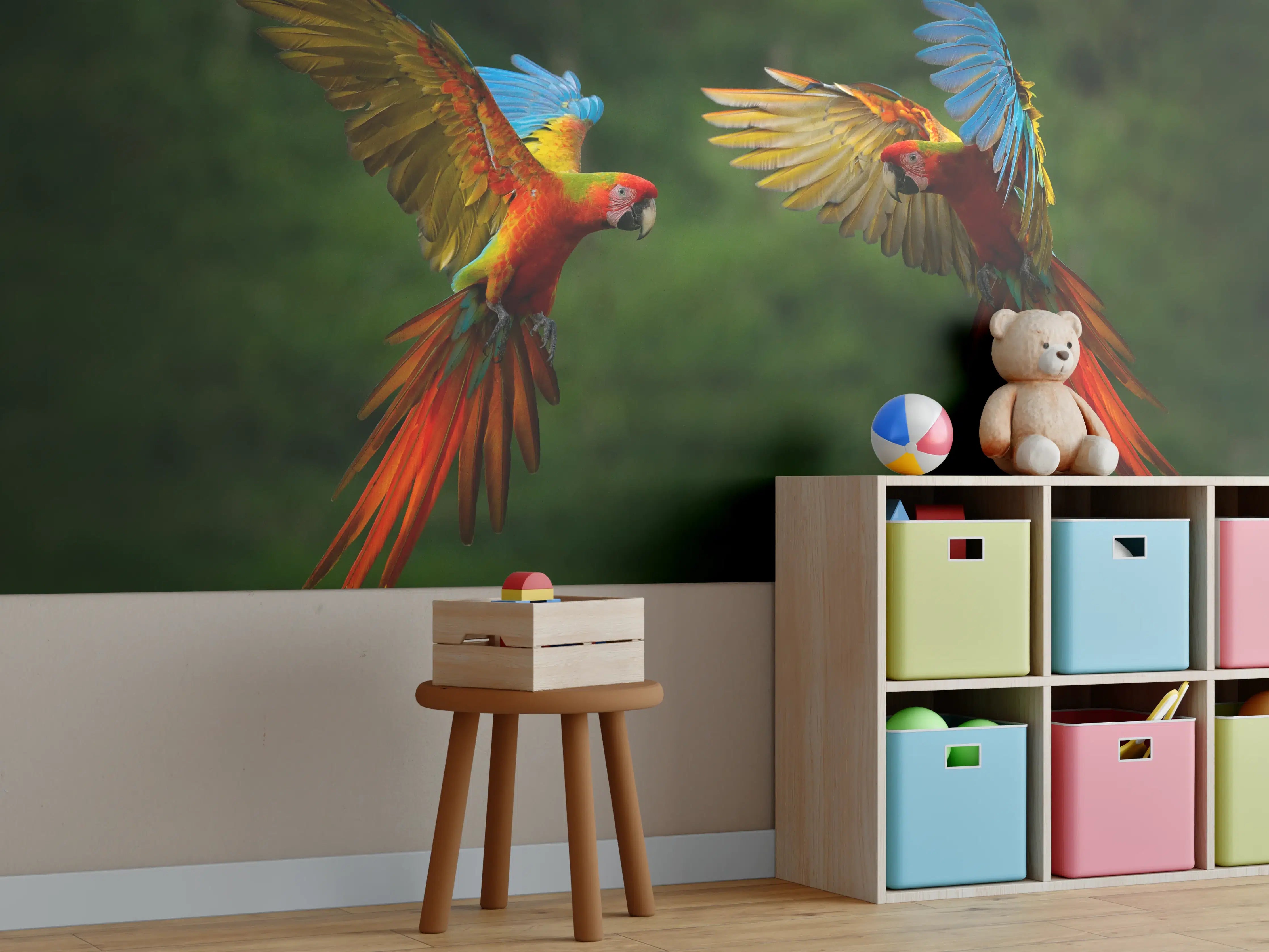 Kinderzimmer Wandgestaltung - Fliegende bunte Papageien