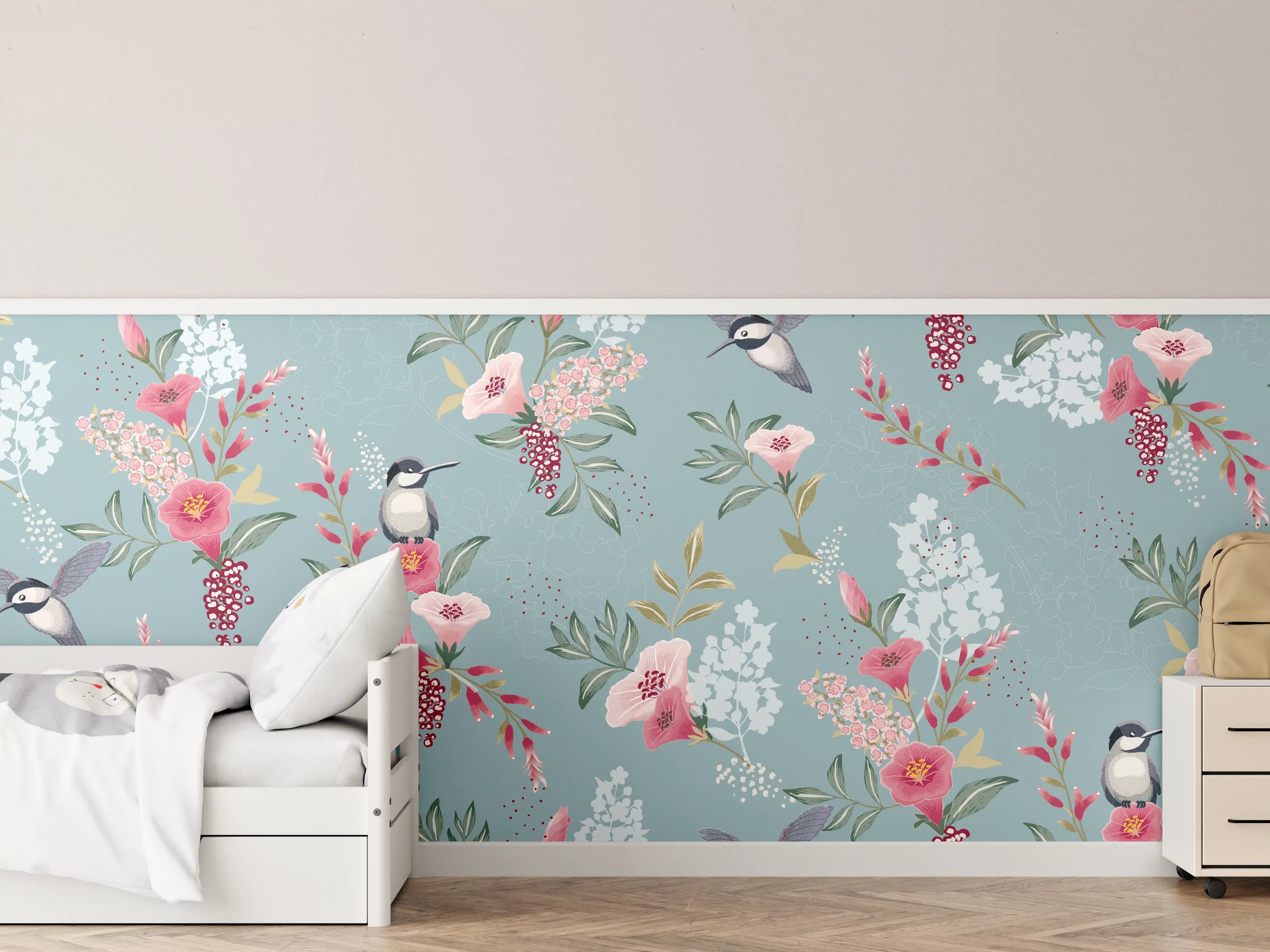 Kinderzimmer Wandgestaltung - Floral-Bird-Muster Blaugrau