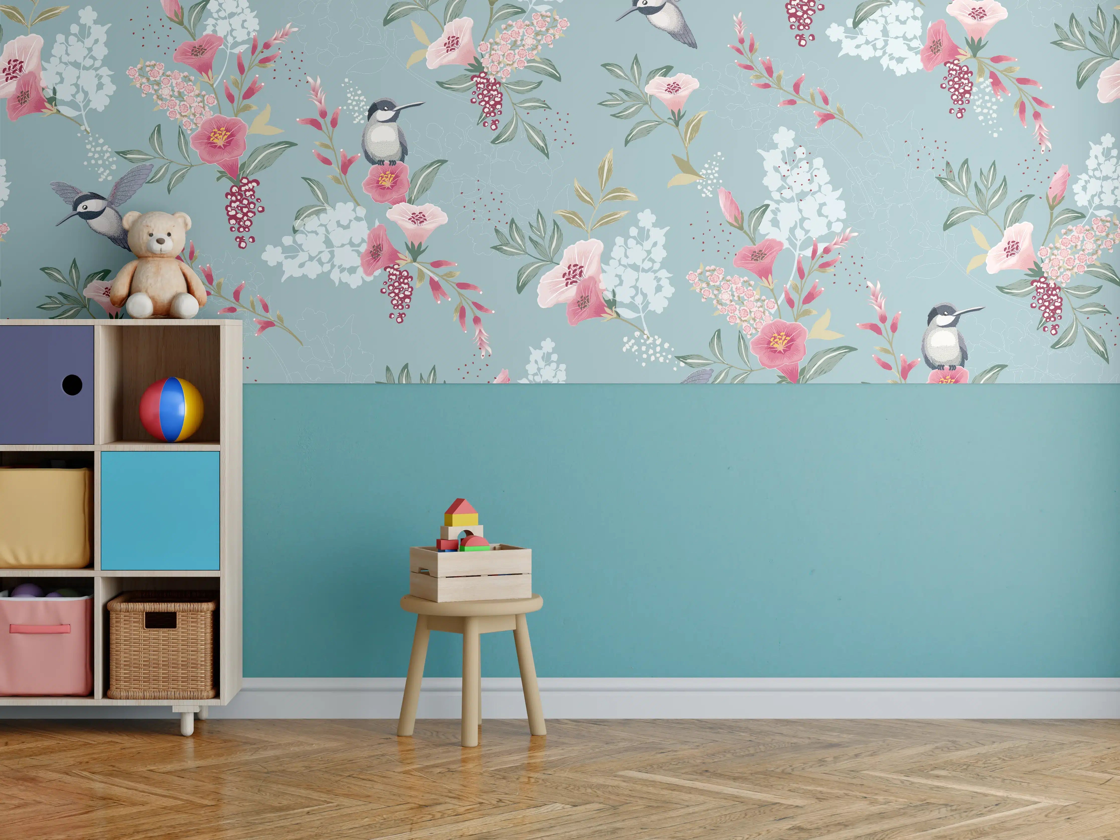 Kinderzimmer Wandgestaltung - Floral-Bird-Muster Blaugrau