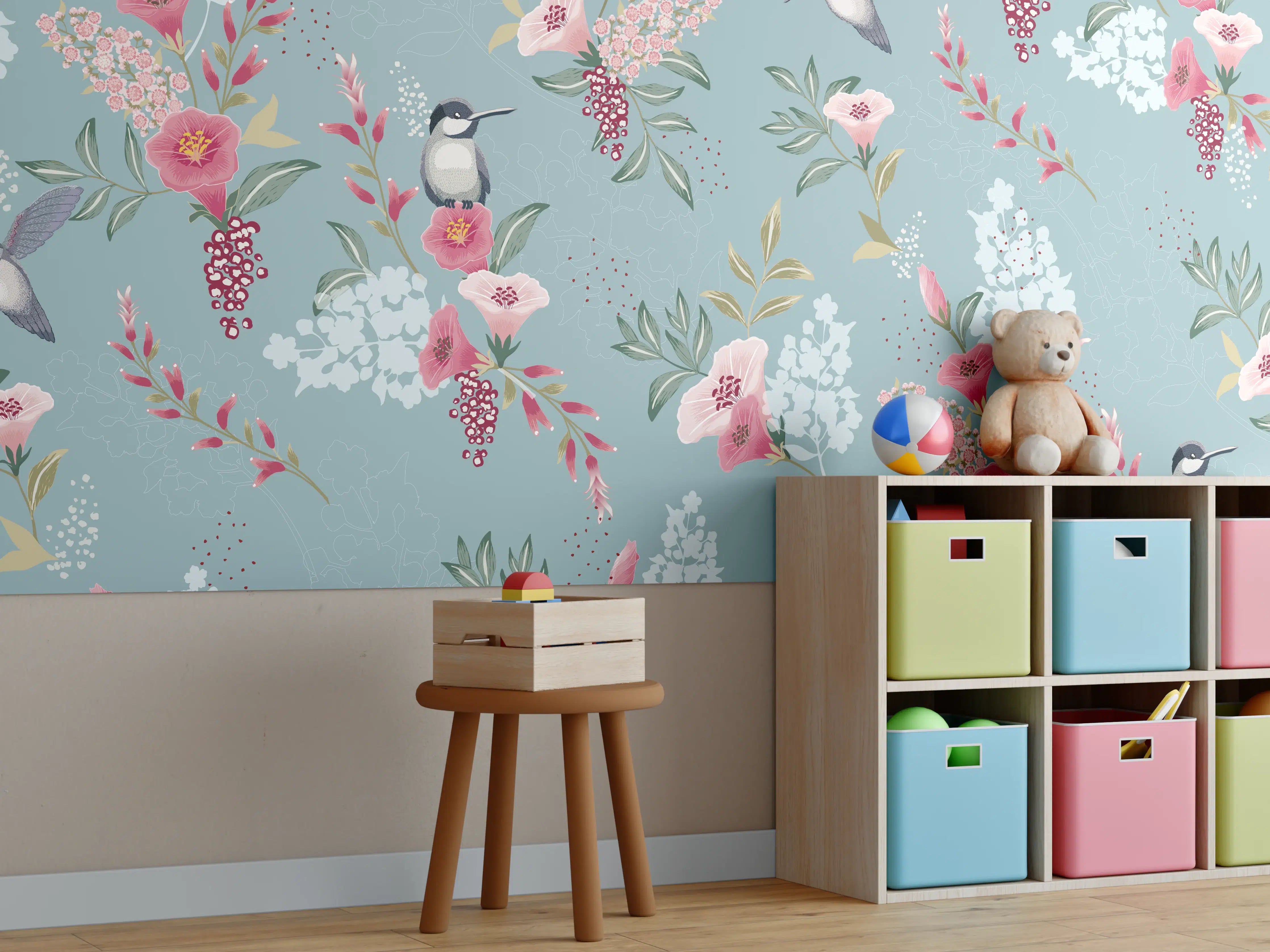 Kinderzimmer Wandgestaltung - Floral-Bird-Muster Blaugrau
