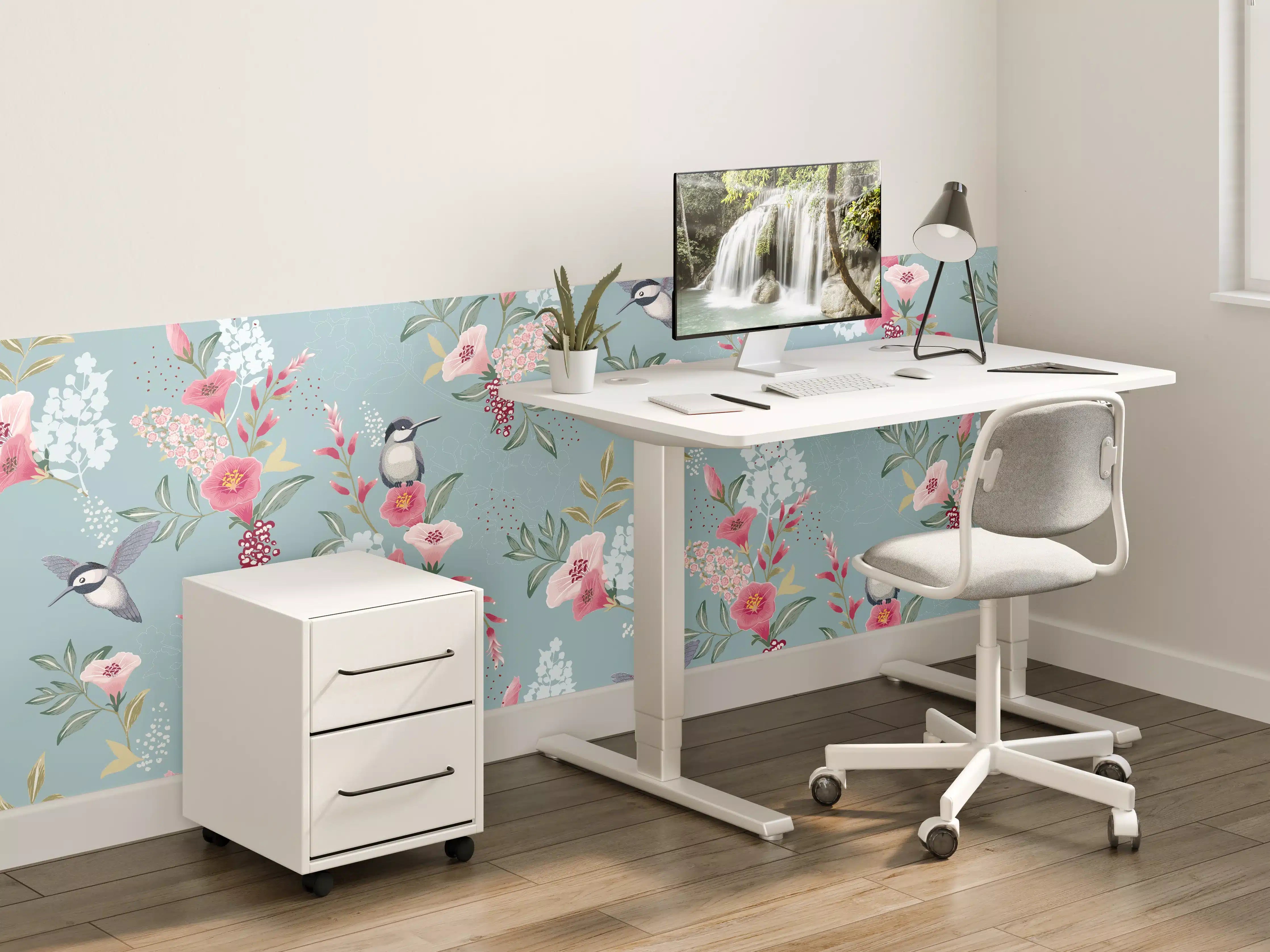 Kinderzimmer Wandgestaltung - Floral-Bird-Muster Blaugrau