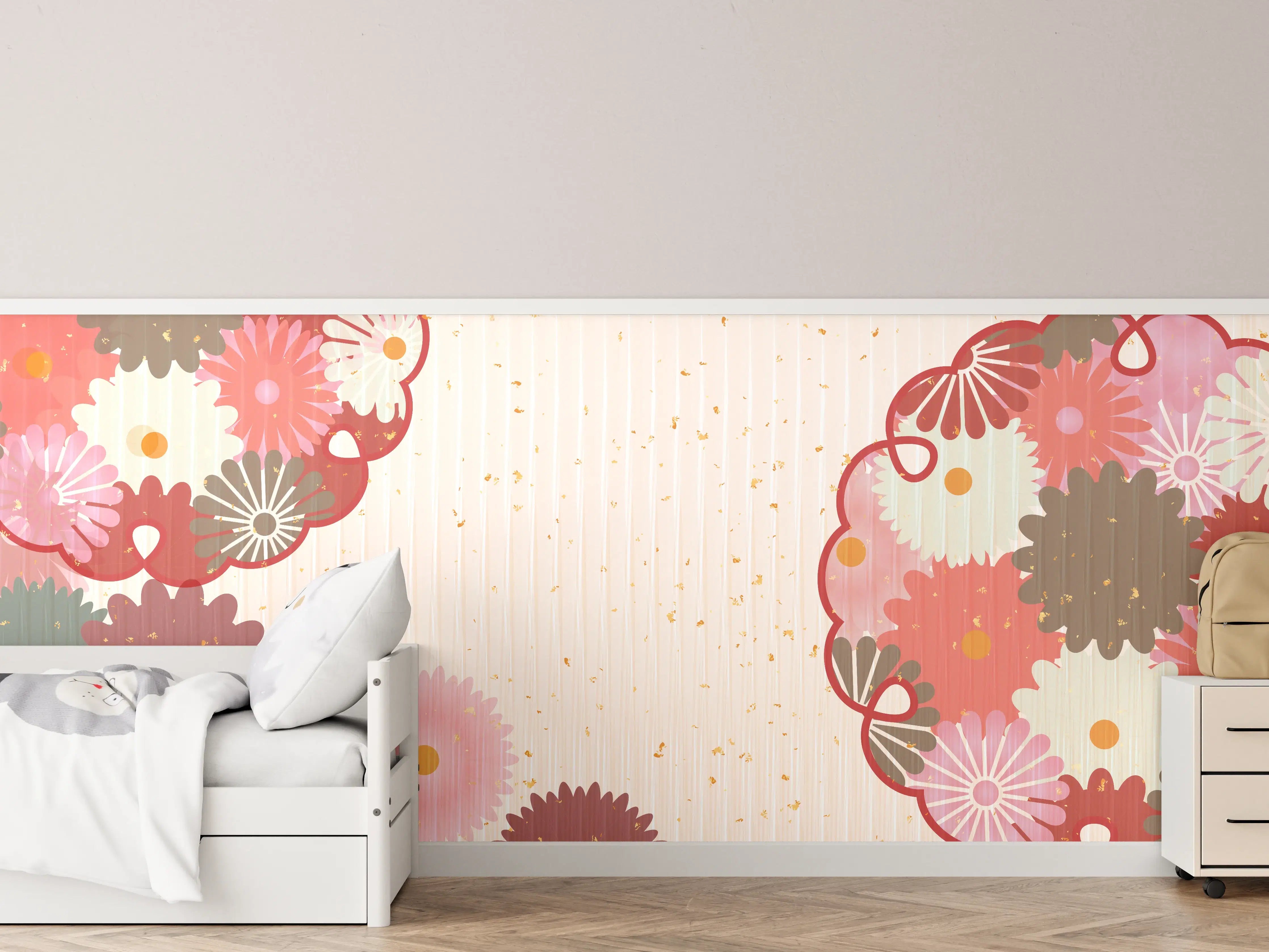 Kinderzimmer Wandgestaltung - Floral Blumenmuster Beige Rot