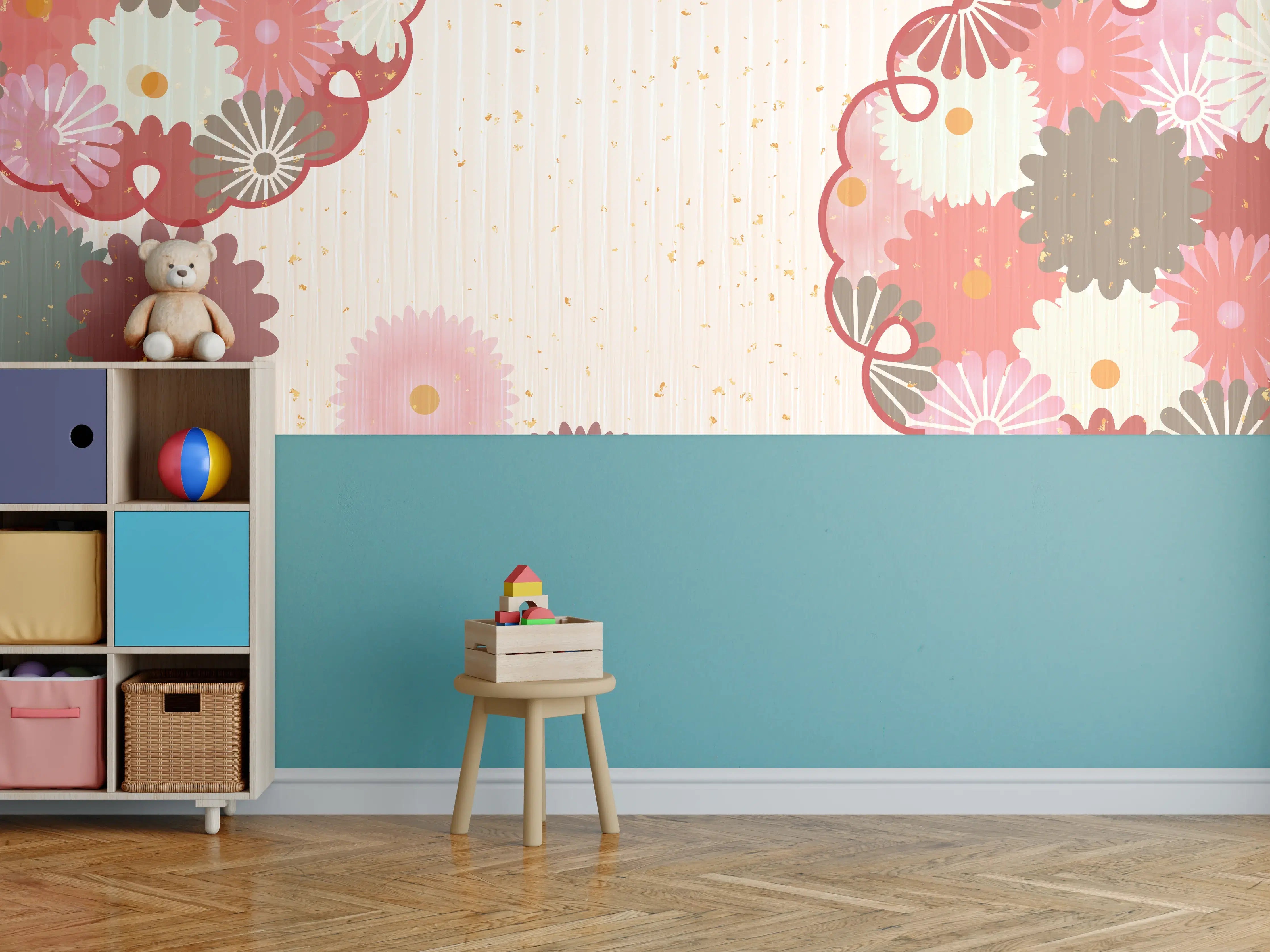 Kinderzimmer Wandgestaltung - Floral Blumenmuster Beige Rot