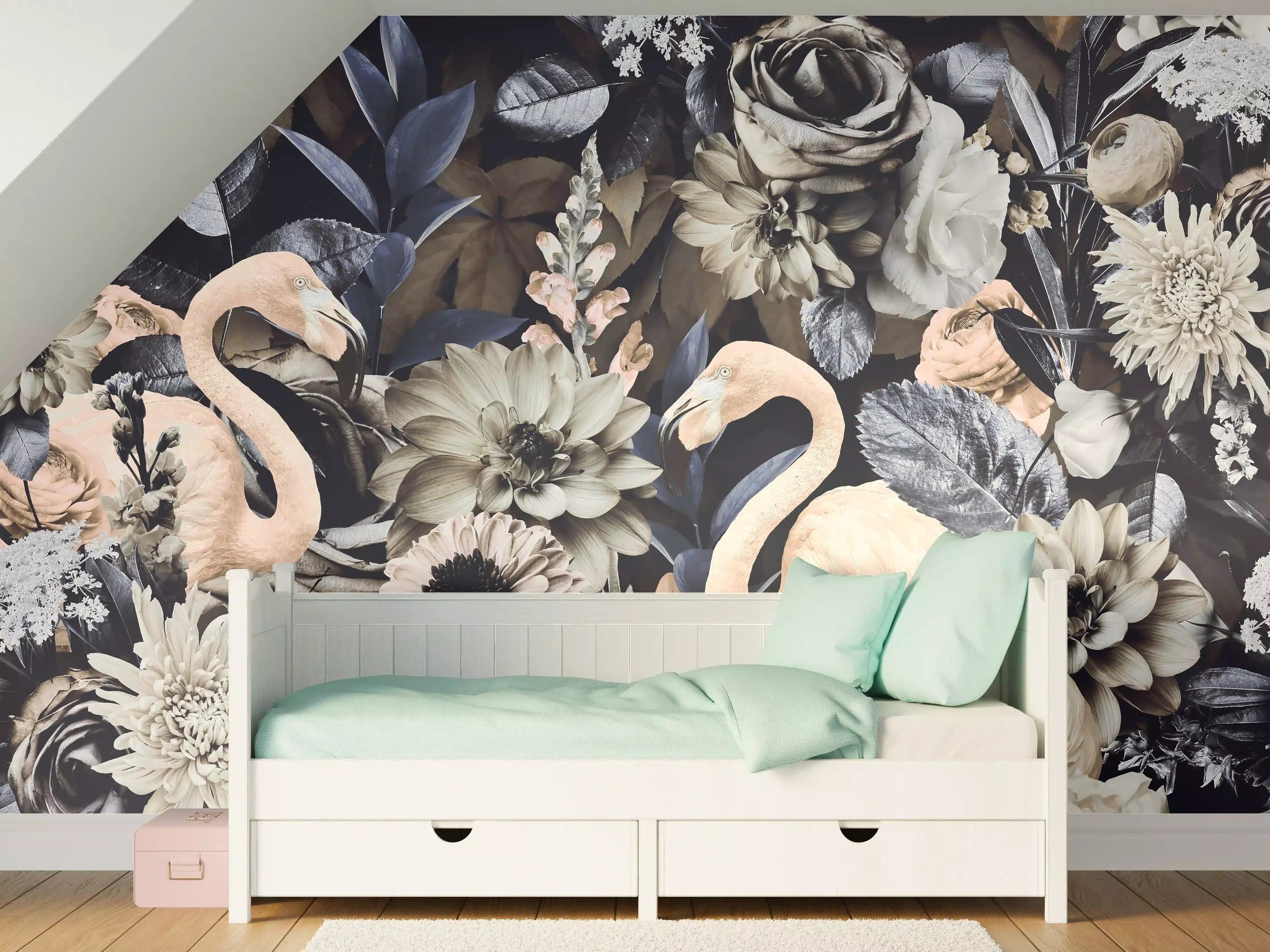 Kinderzimmer Wandgestaltung - Floral-Flamingo Muster Grau-Weiß