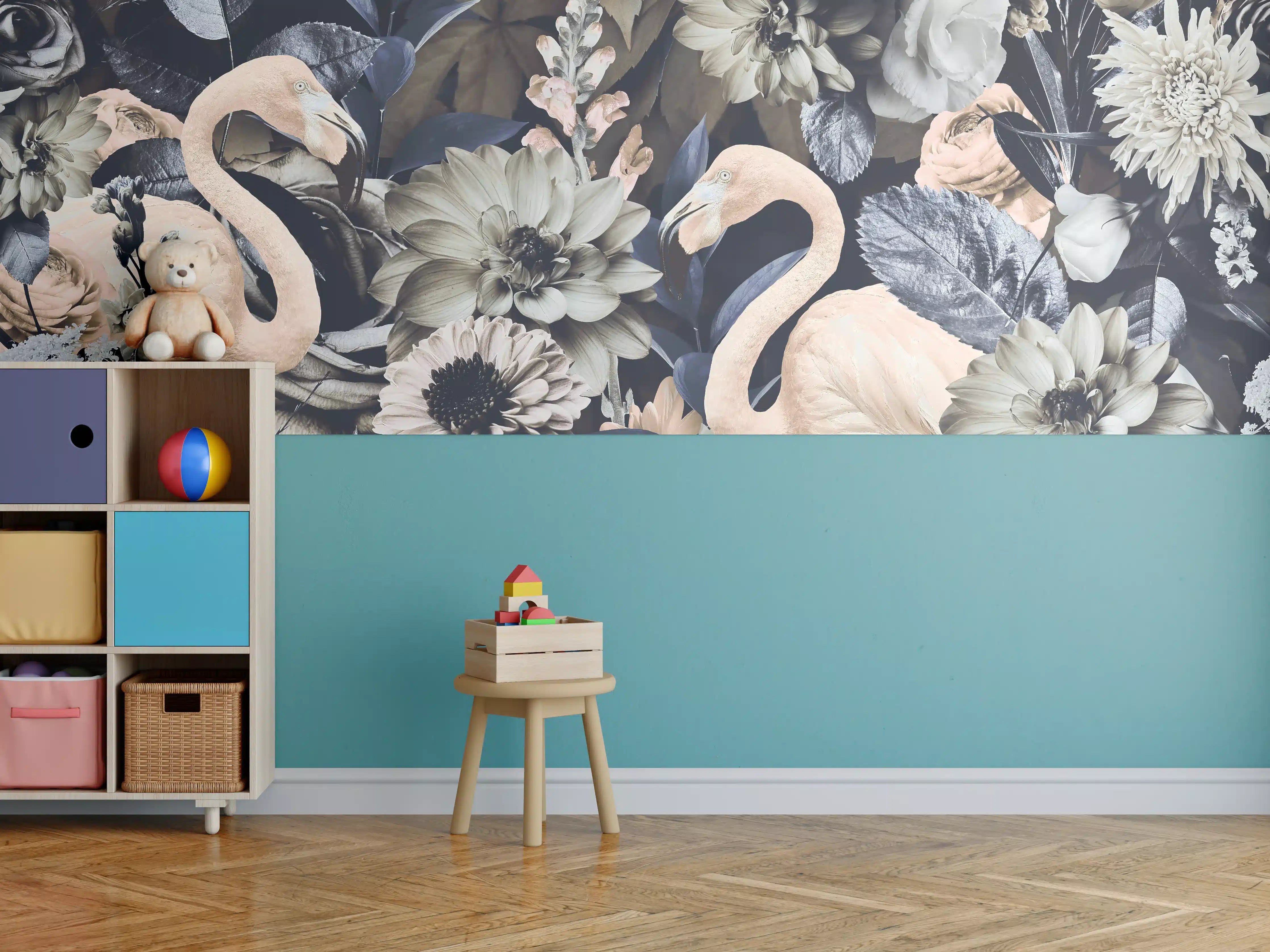 Kinderzimmer Wandgestaltung - Floral-Flamingo Muster Grau-Weiß