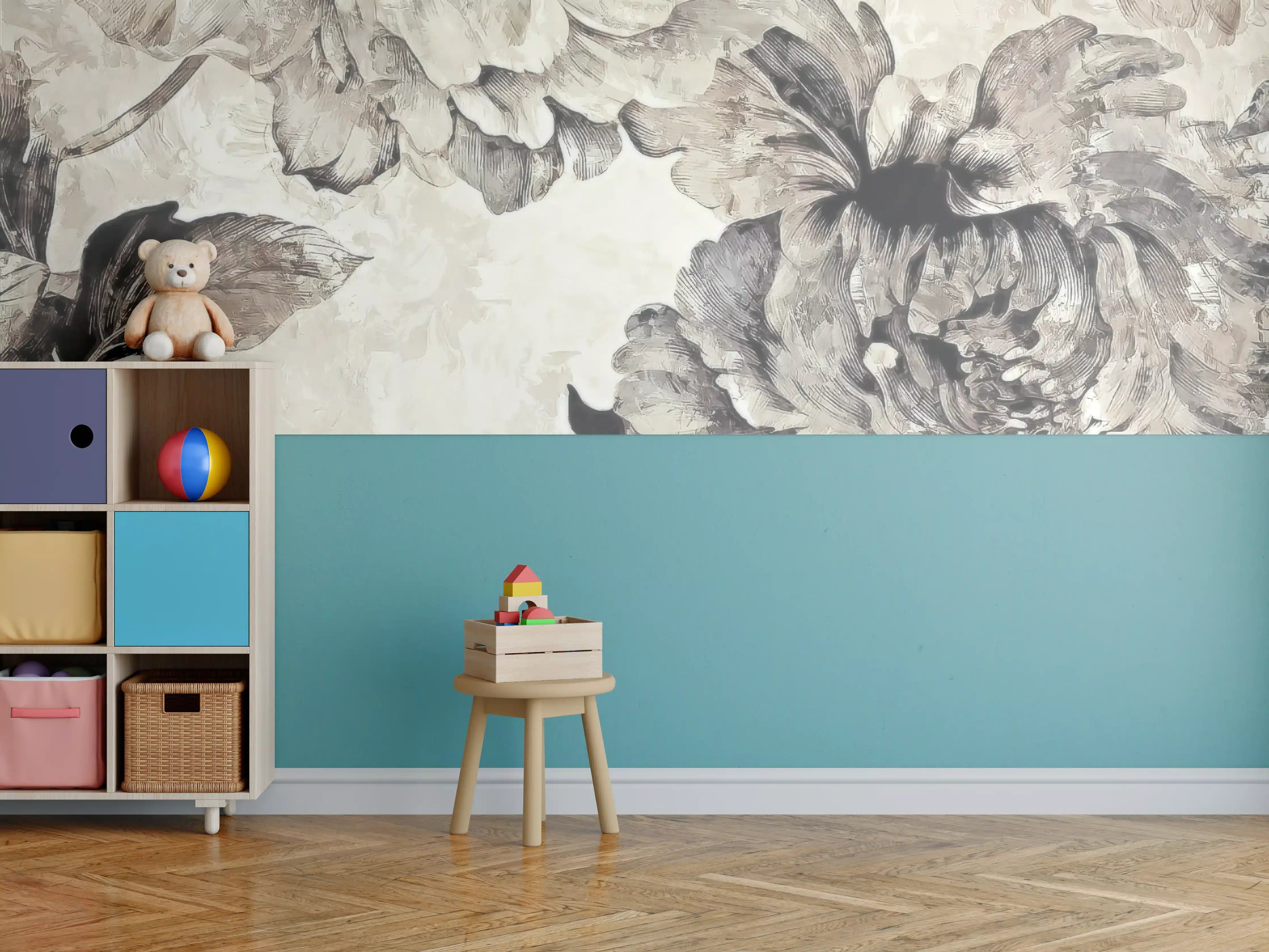 Kinderzimmer Wandgestaltung - Floral Grau-Beige Kunstposter