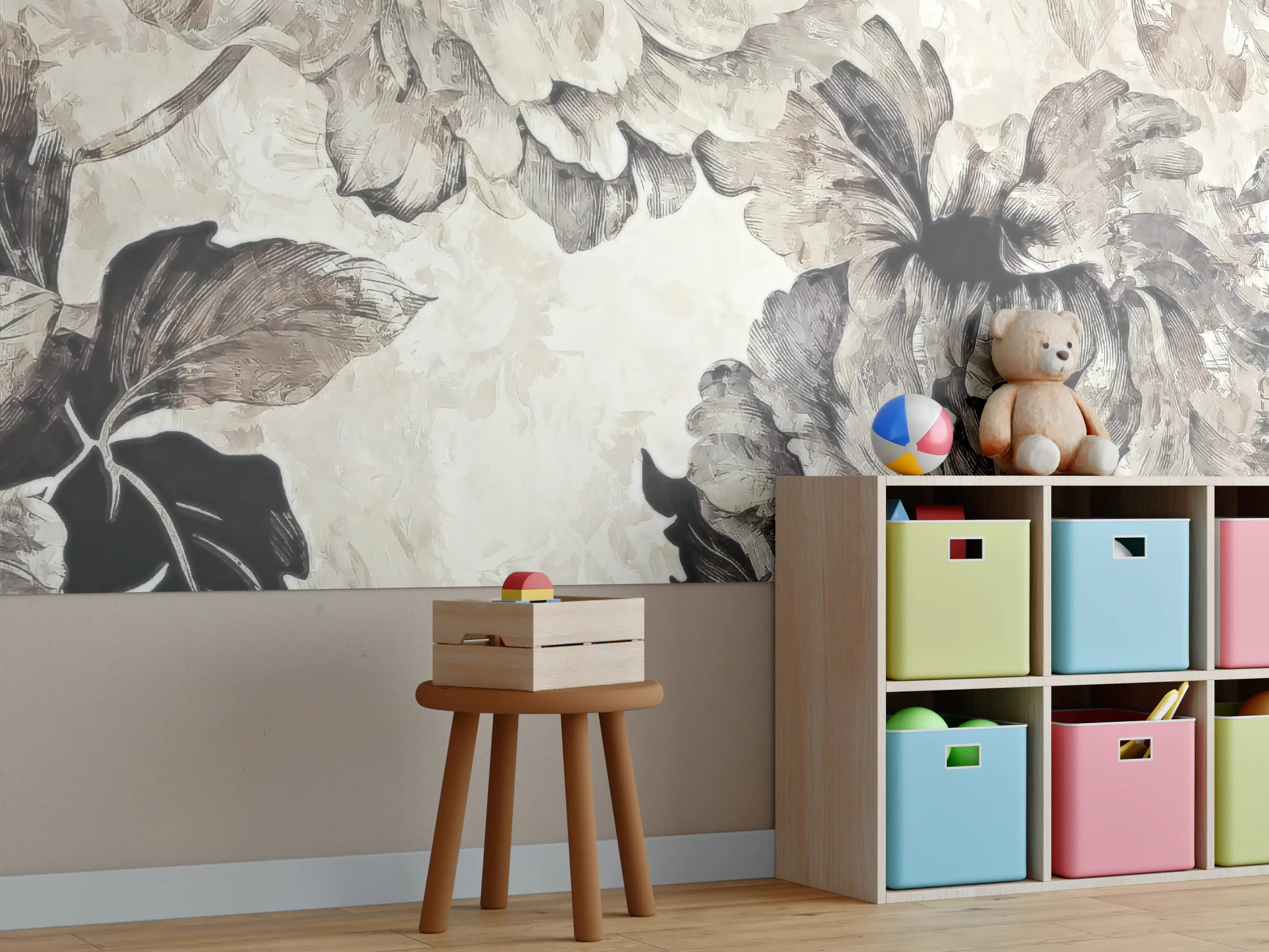 Kinderzimmer Wandgestaltung - Floral Grau-Beige Kunstposter