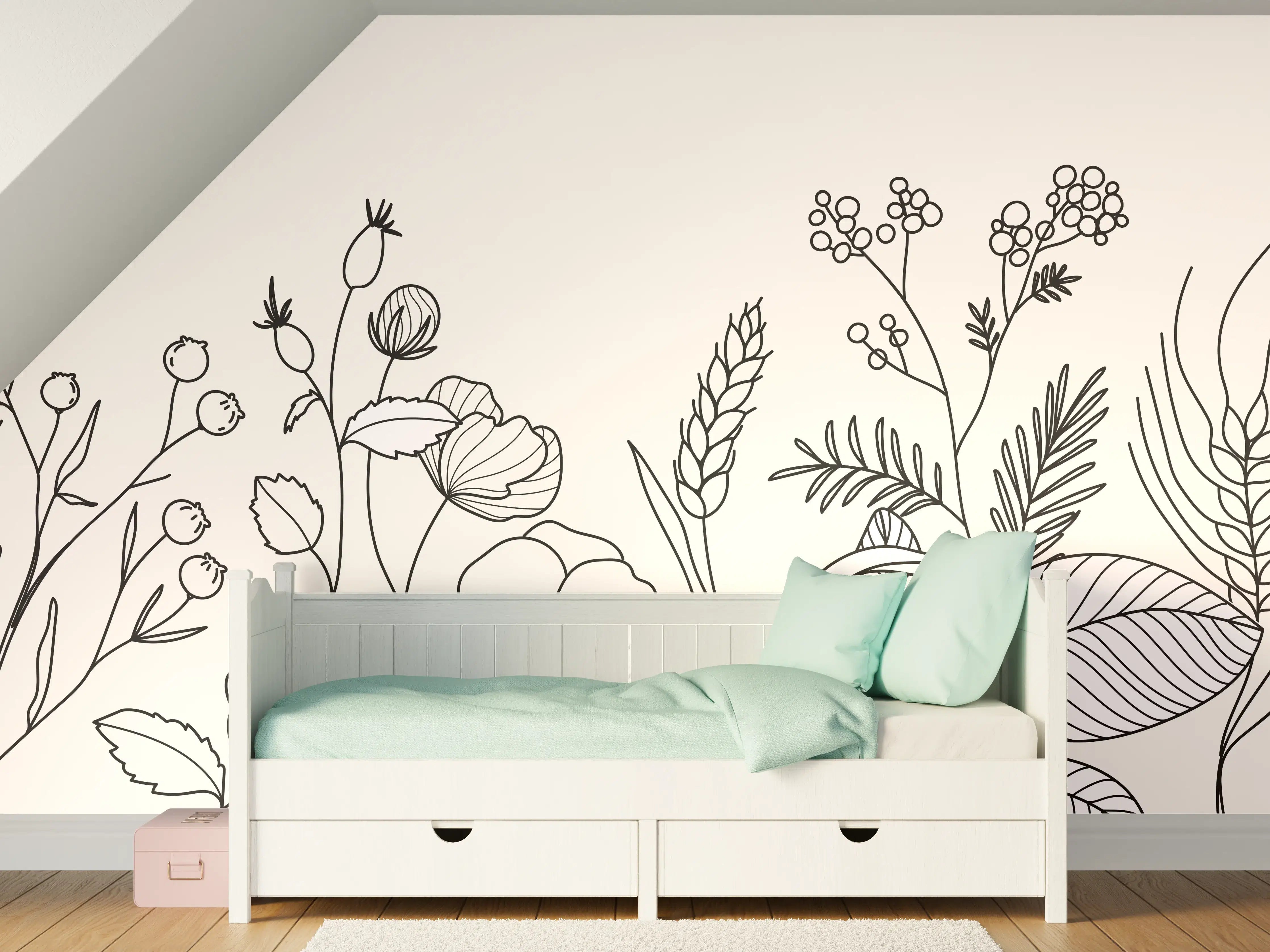Kinderzimmer Wandgestaltung - Florale Linienzeichnung in Schwarz-Weiß