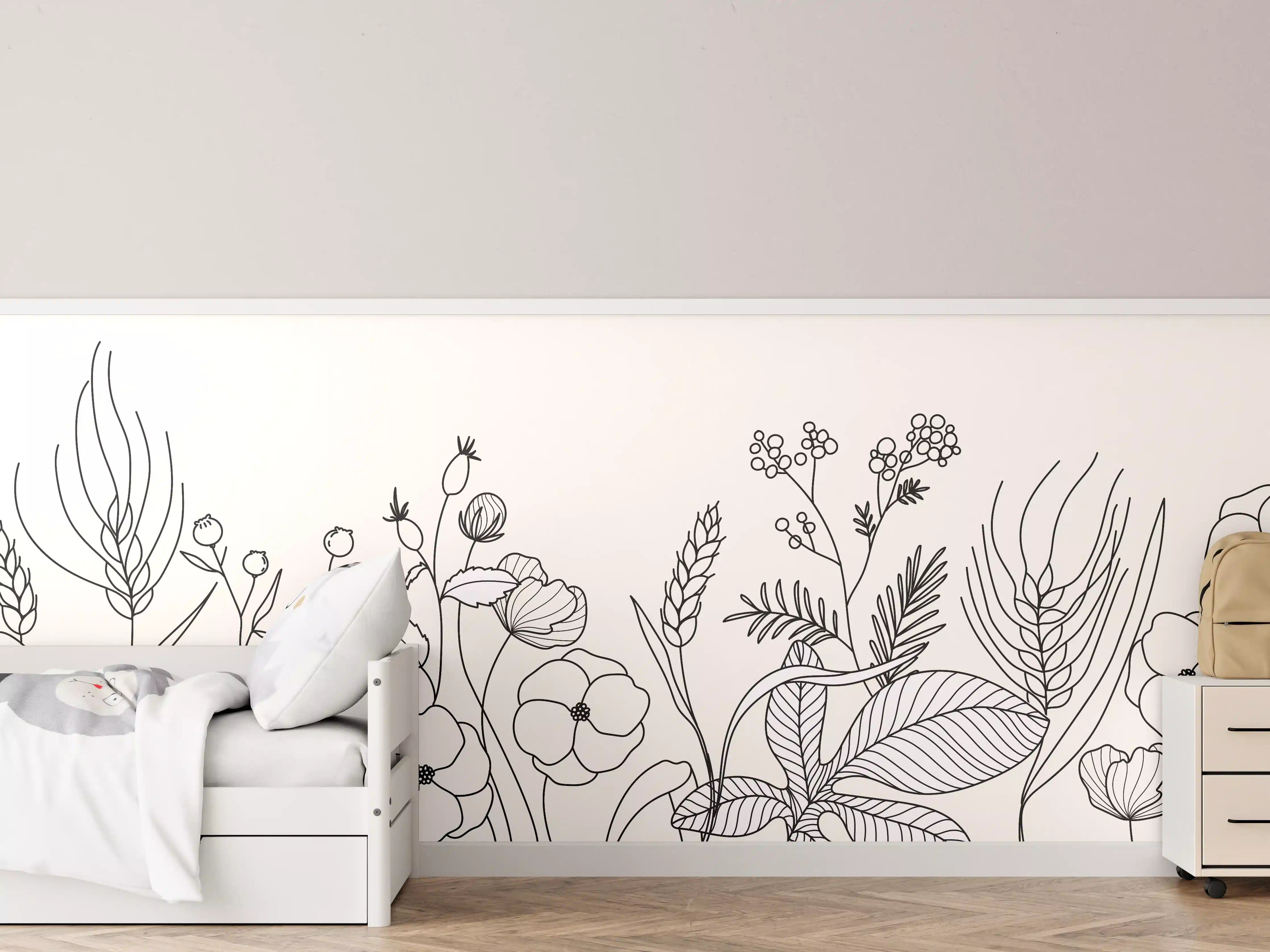 Kinderzimmer Wandgestaltung - Florale Linienzeichnung in Schwarz-Weiß