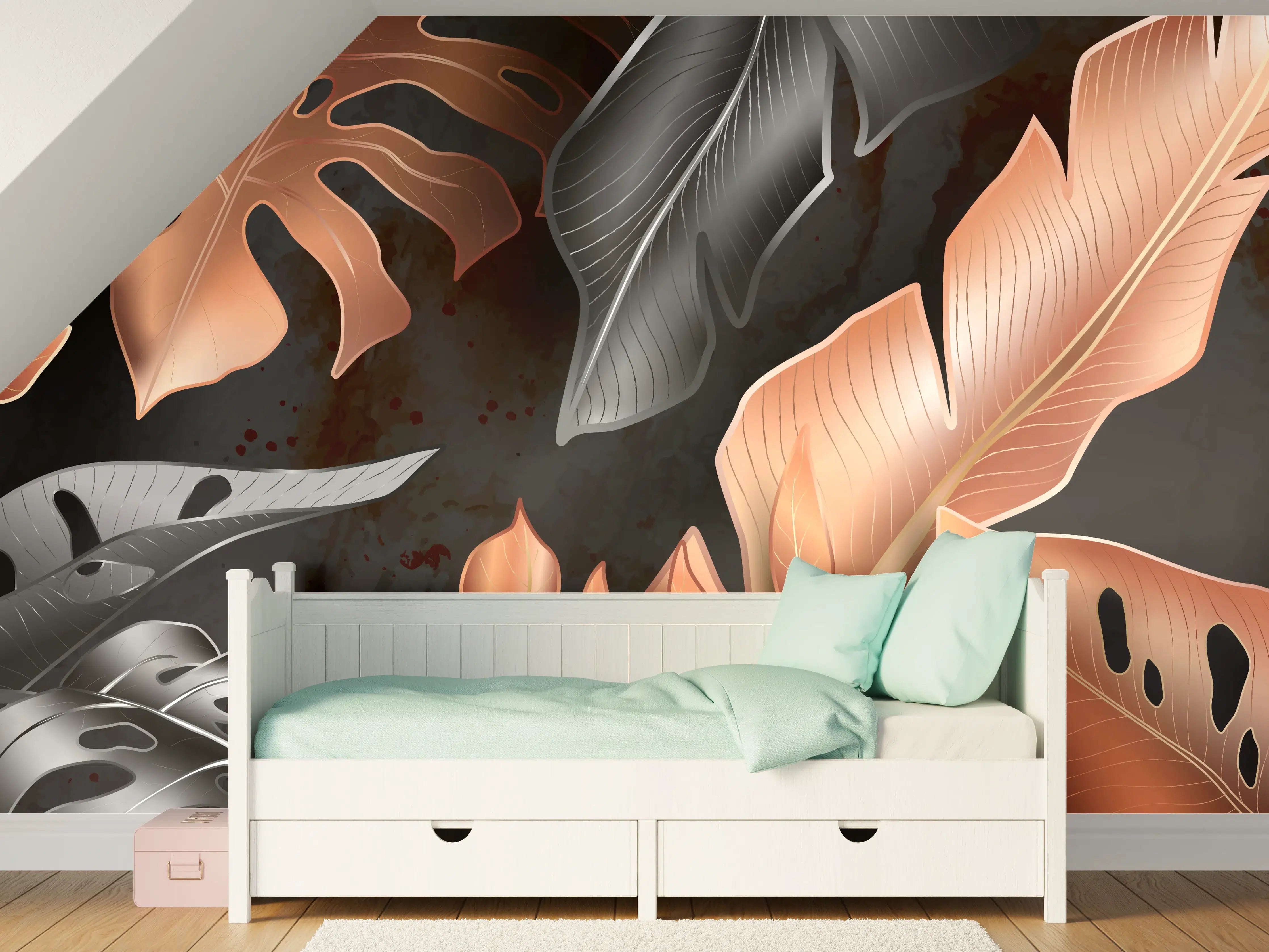 Kinderzimmer Wandgestaltung - Florale Muster Schwarz Kupfer