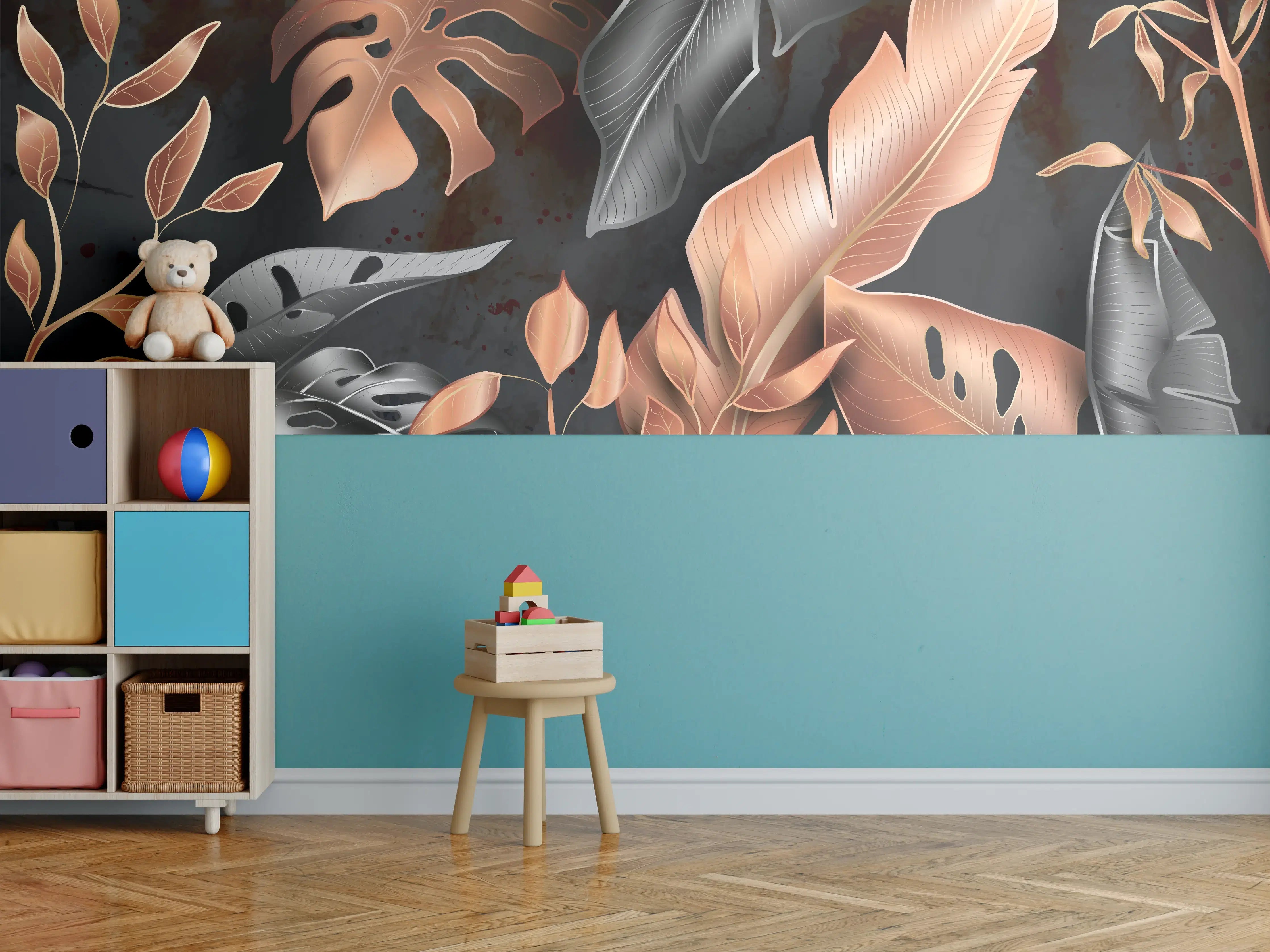 Kinderzimmer Wandgestaltung - Florale Muster Schwarz Kupfer