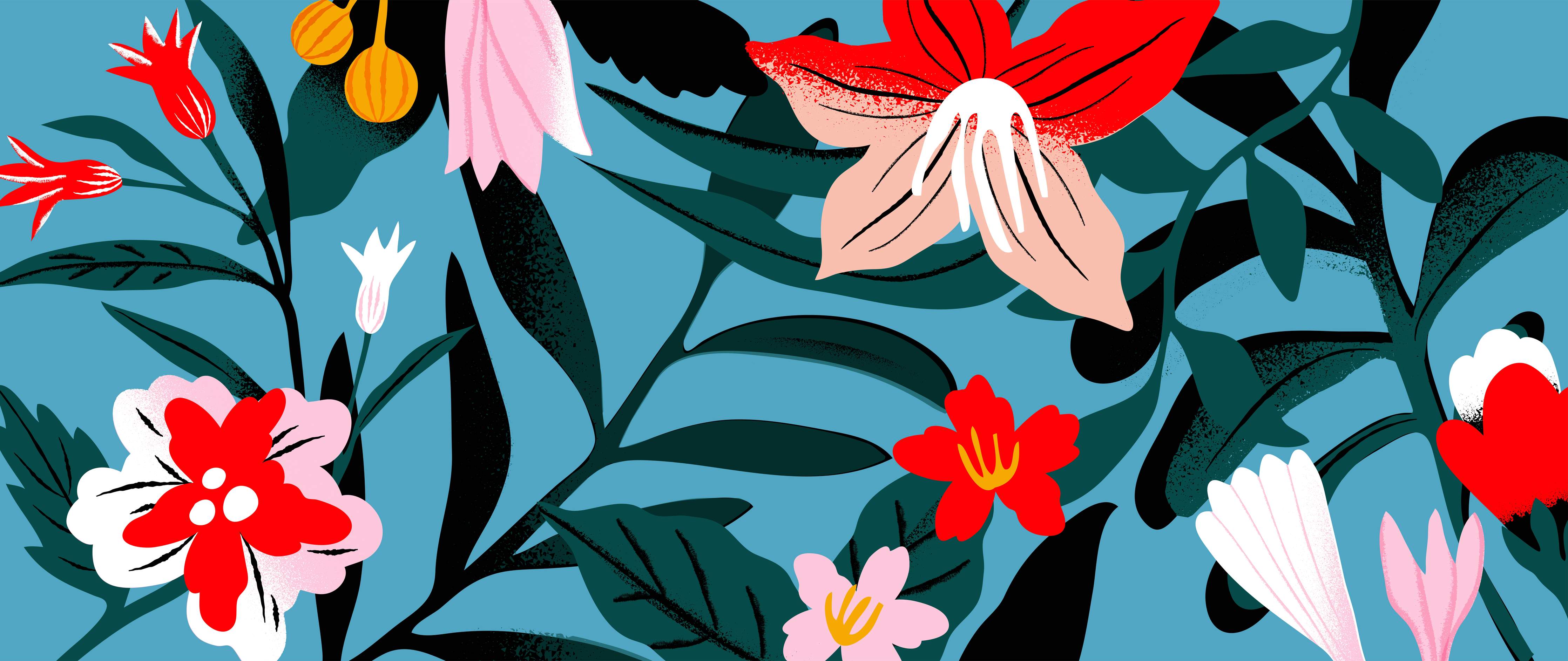 Kinderzimmer Wandgestaltung-Florales Blau-Rot Muster