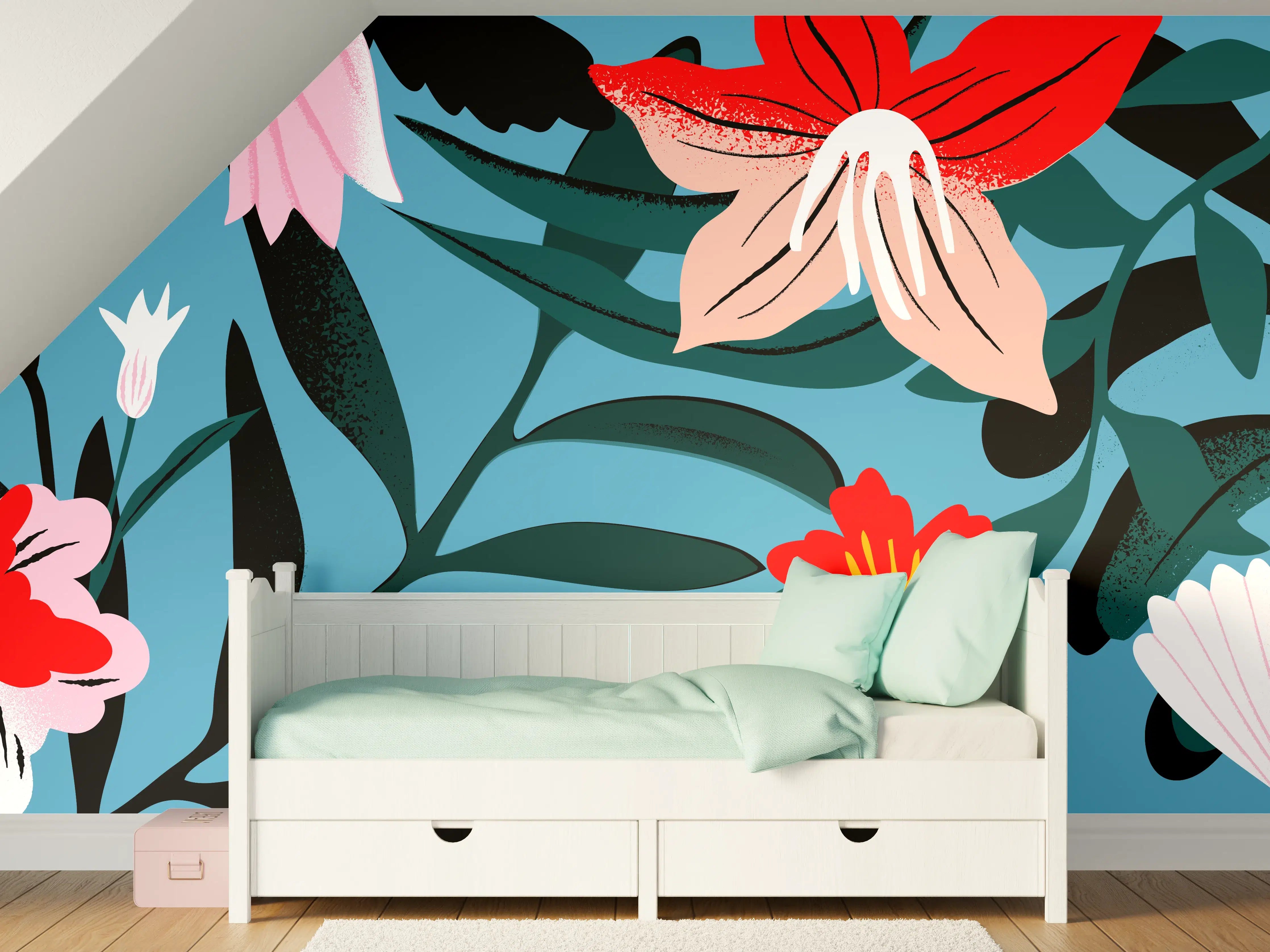 Kinderzimmer Wandgestaltung - Florales Blau-Rot Muster