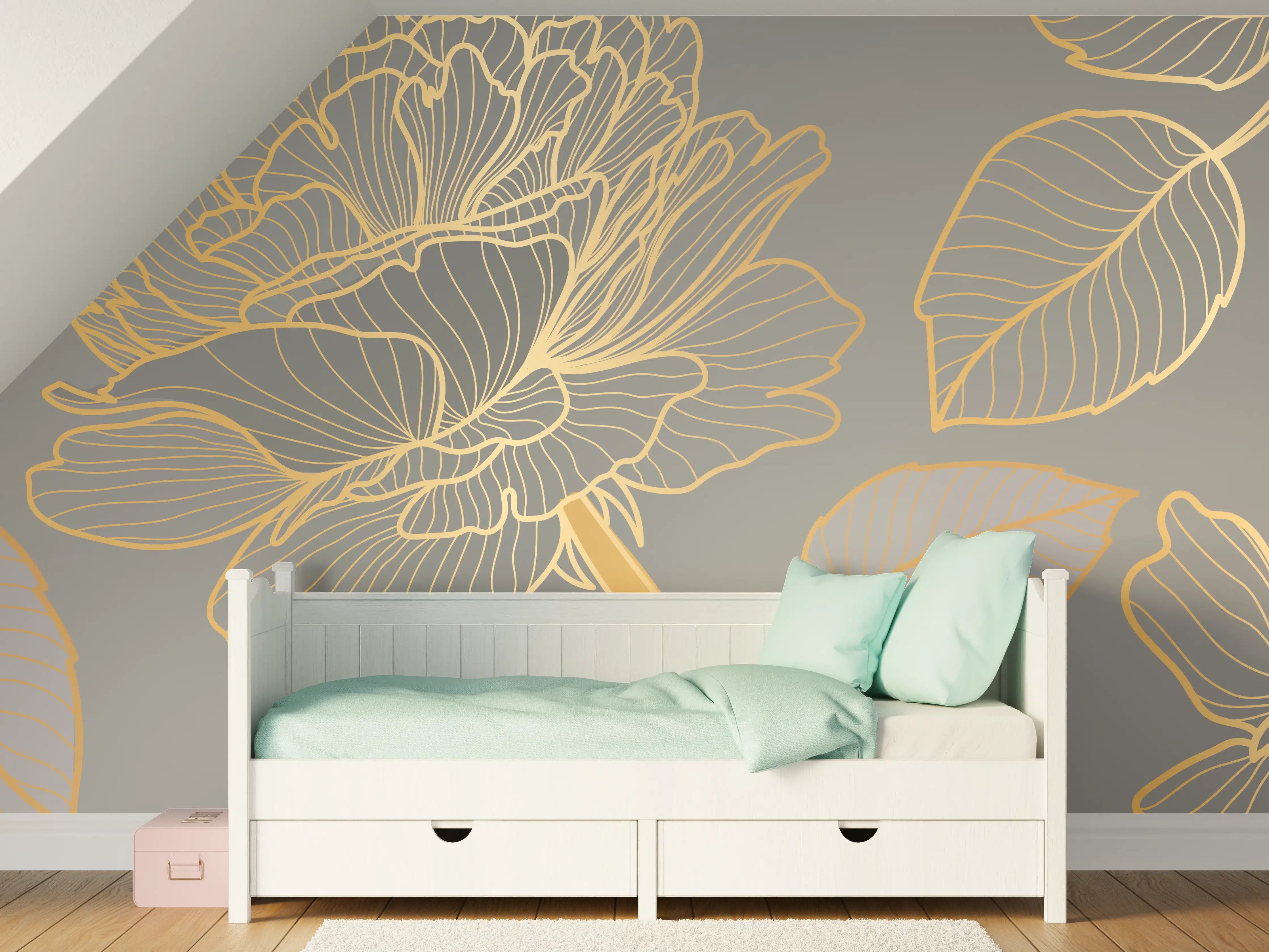 Kinderzimmer Wandgestaltung - Florales Gold-Muster Design