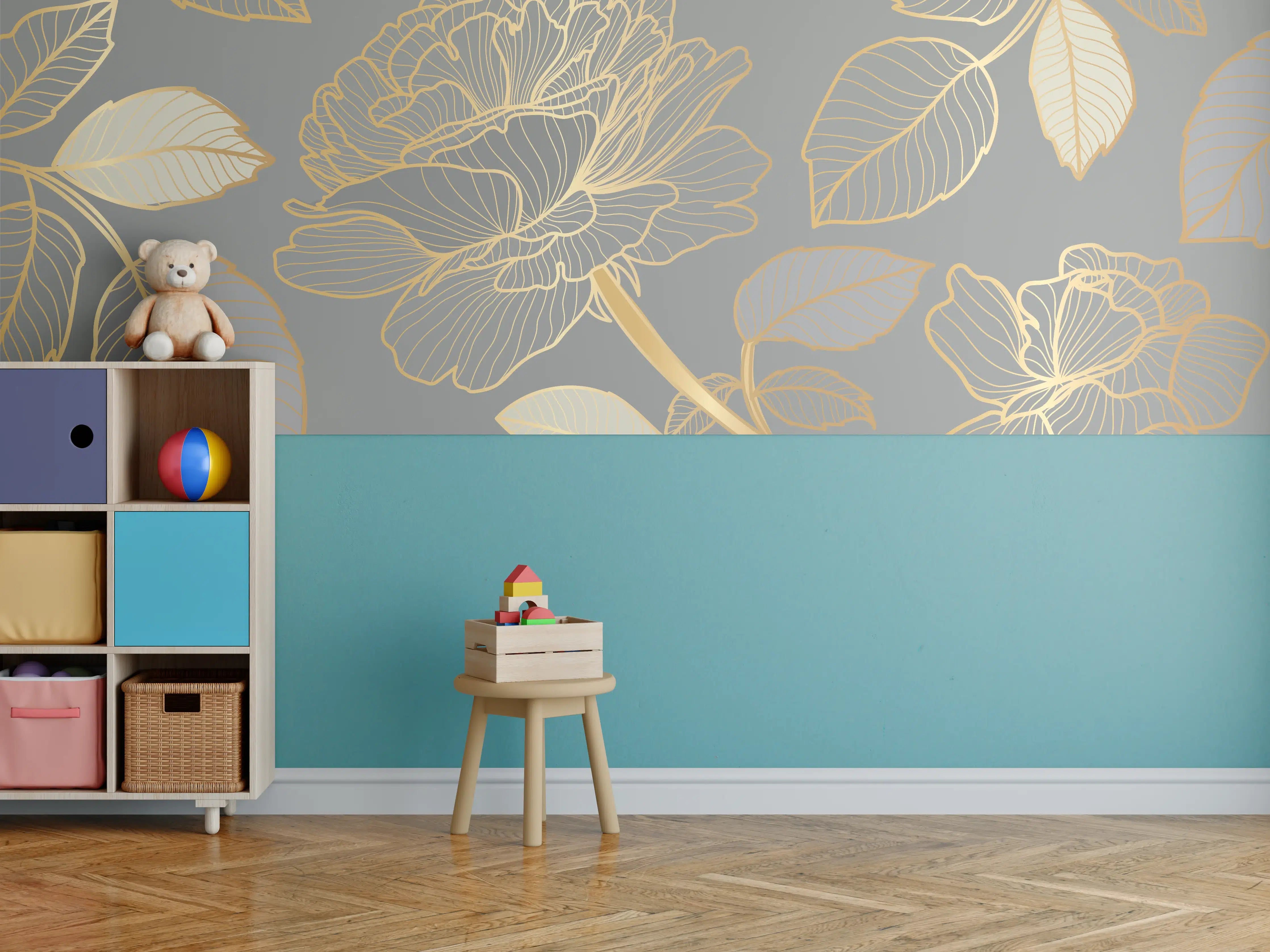 Kinderzimmer Wandgestaltung - Florales Gold-Muster Design