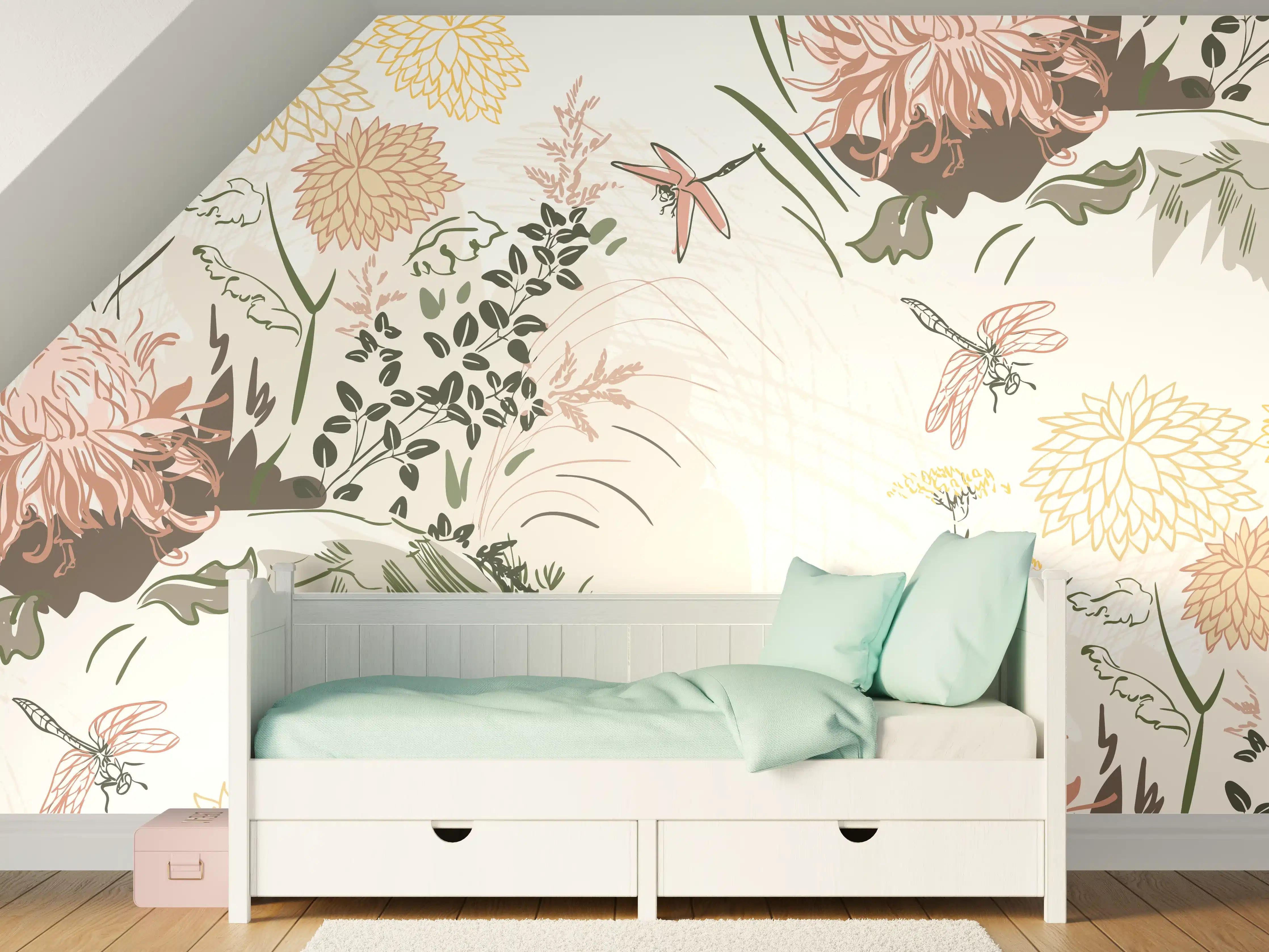 Kinderzimmer Wandgestaltung - Florales Muster Beige-Grün-Rosa