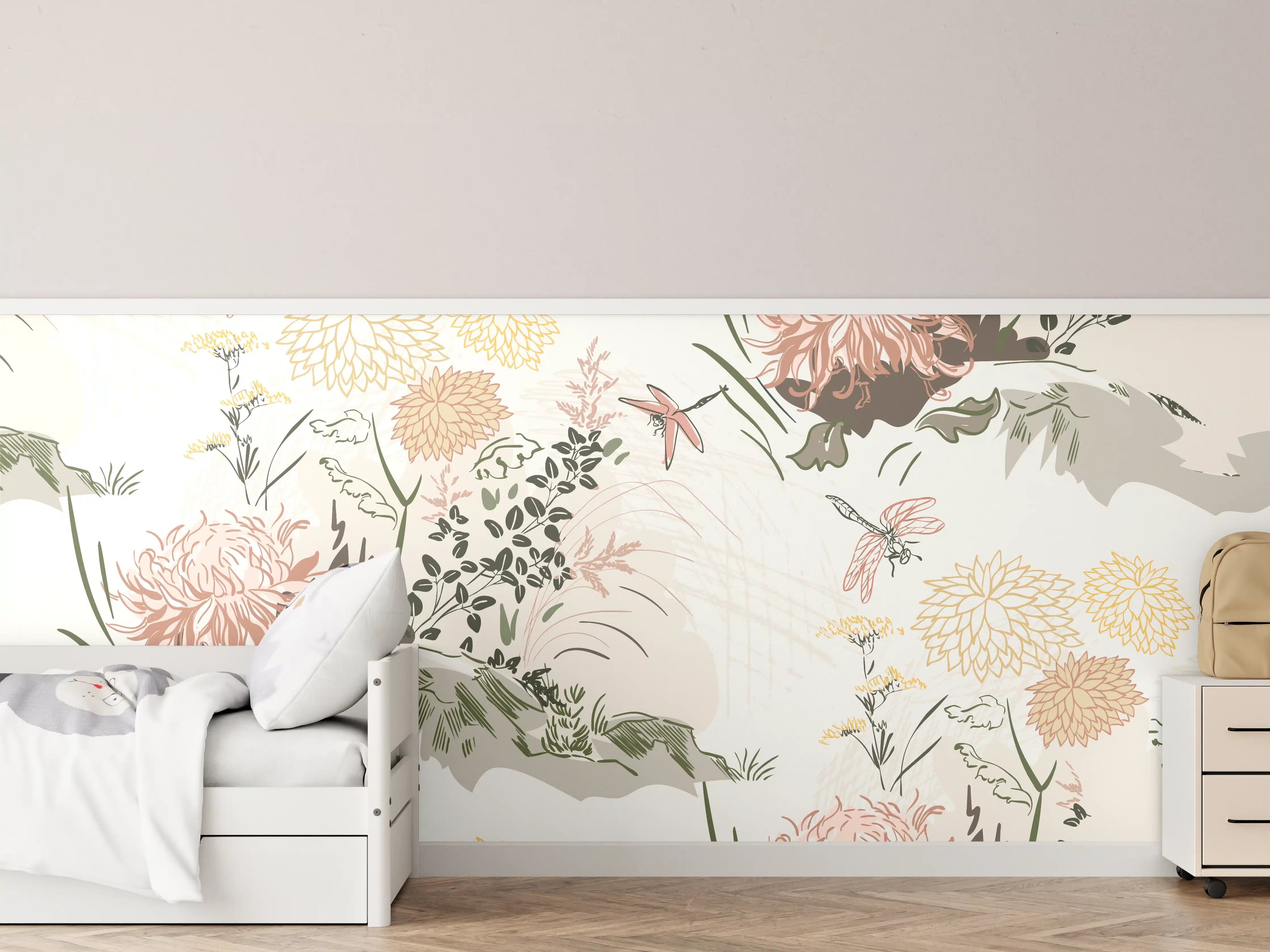 Kinderzimmer Wandgestaltung - Florales Muster Beige-Grün-Rosa