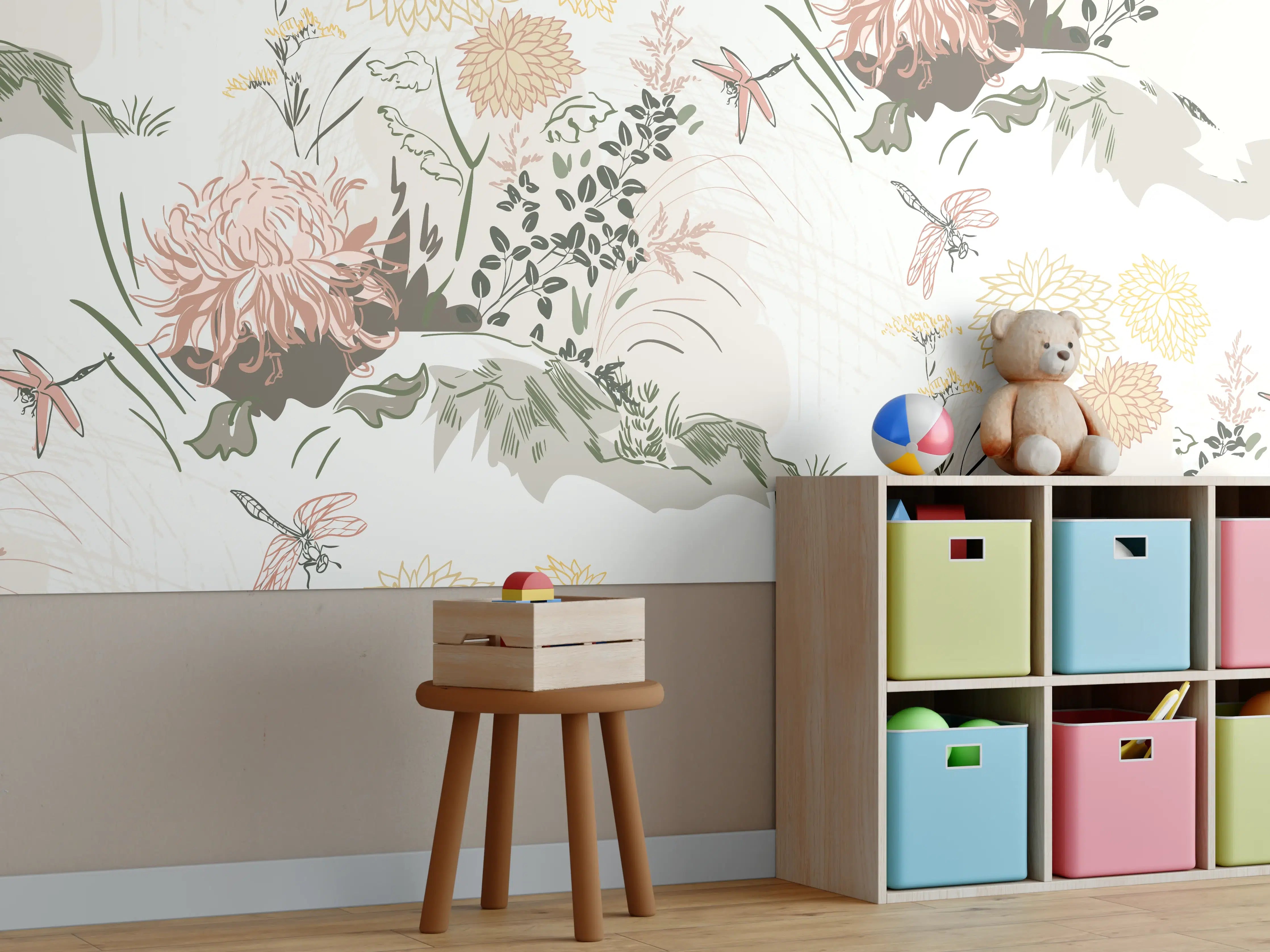 Kinderzimmer Wandgestaltung - Florales Muster Beige-Grün-Rosa