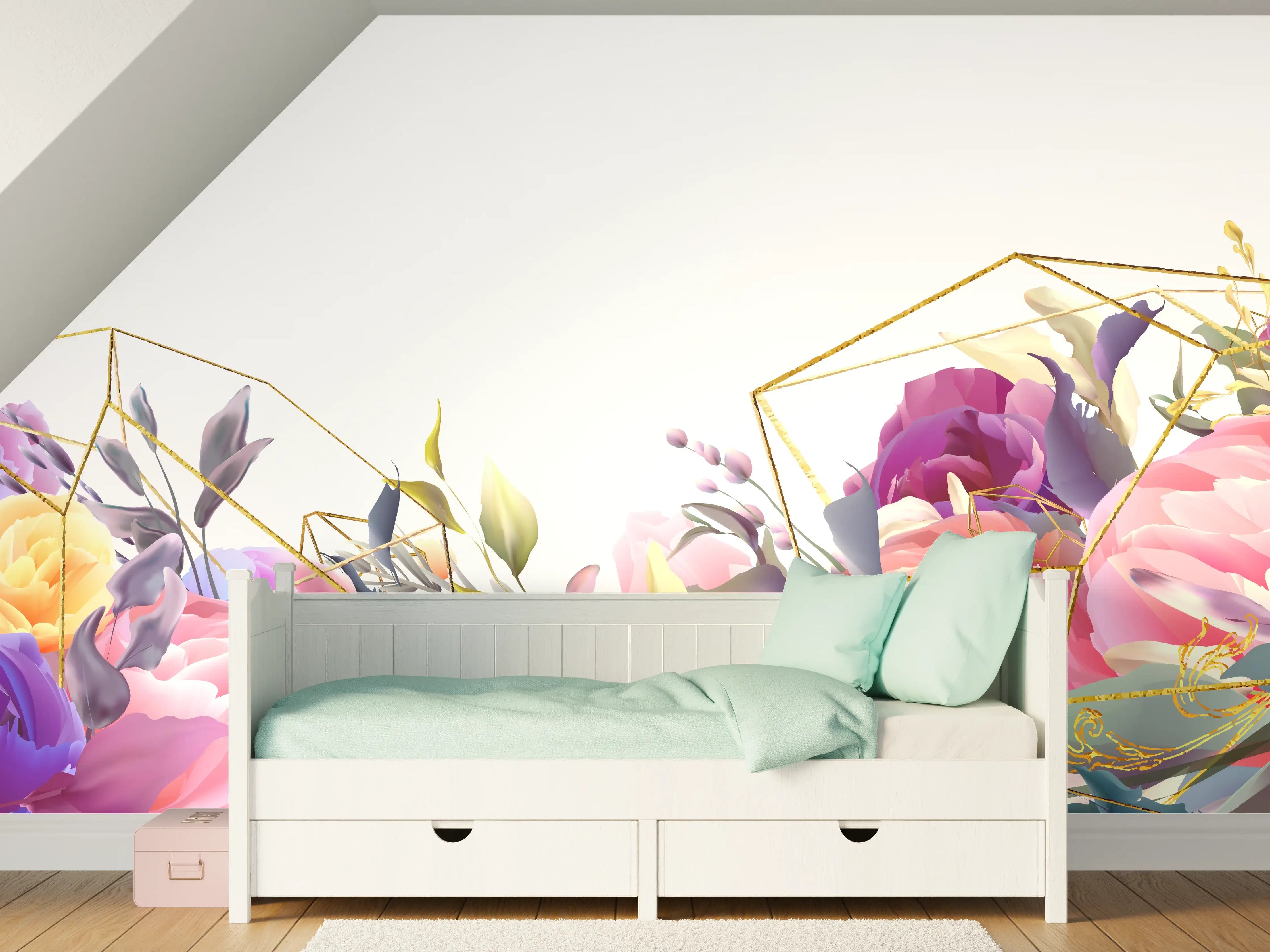 Kinderzimmer Wandgestaltung - Florales Muster mit Goldakzenten