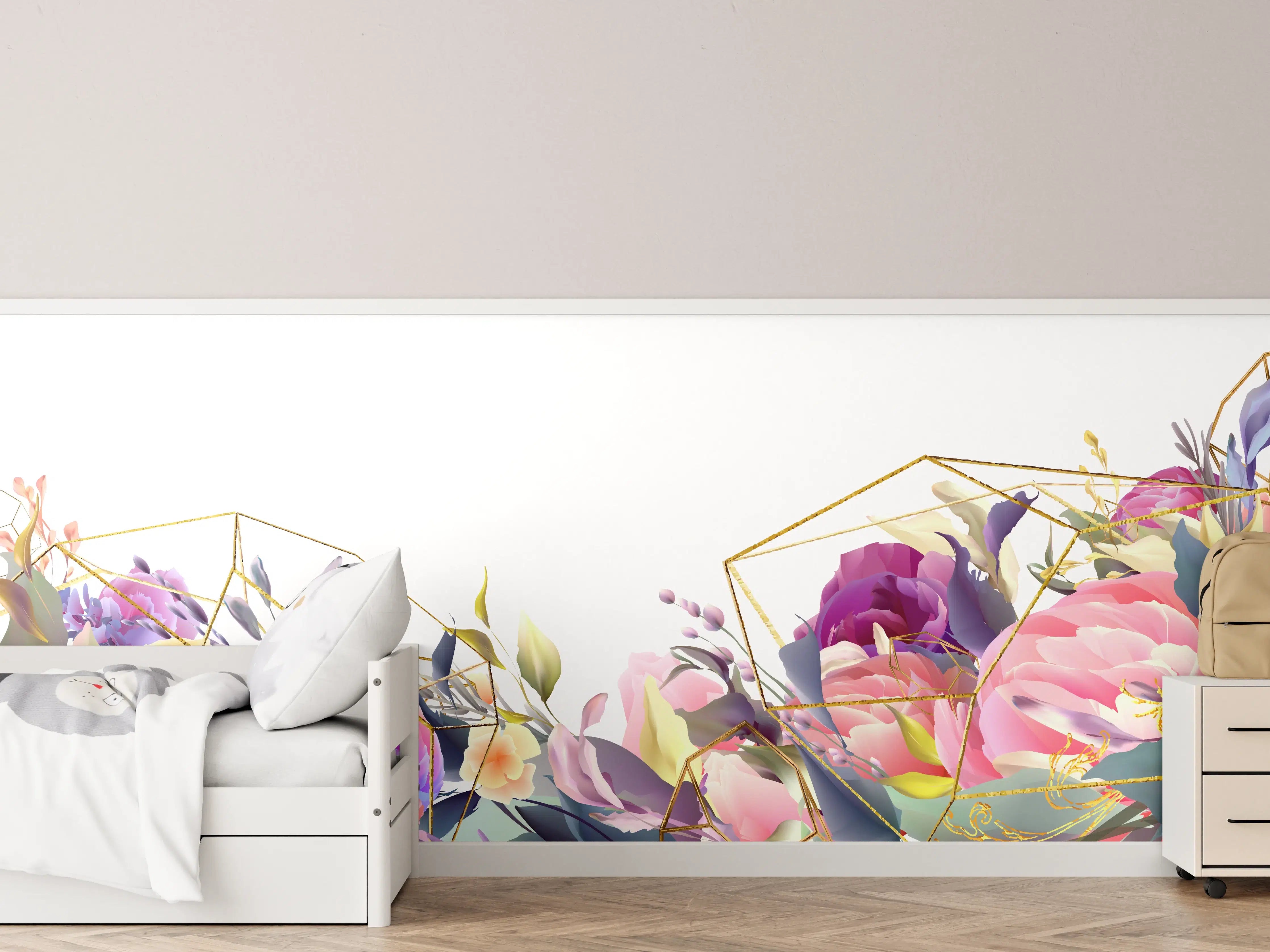 Kinderzimmer Wandgestaltung - Florales Muster mit Goldakzenten