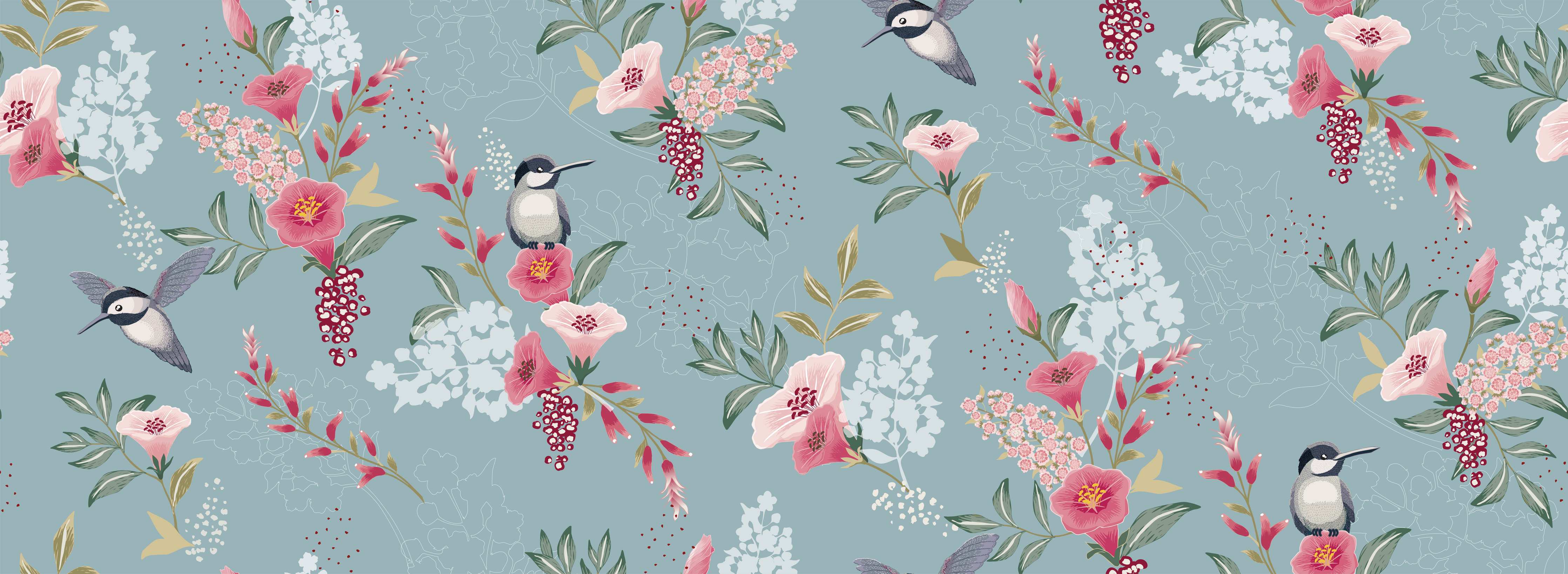 Kinderzimmer Wandgestaltung-Florales Muster mit Vögeln Pastell