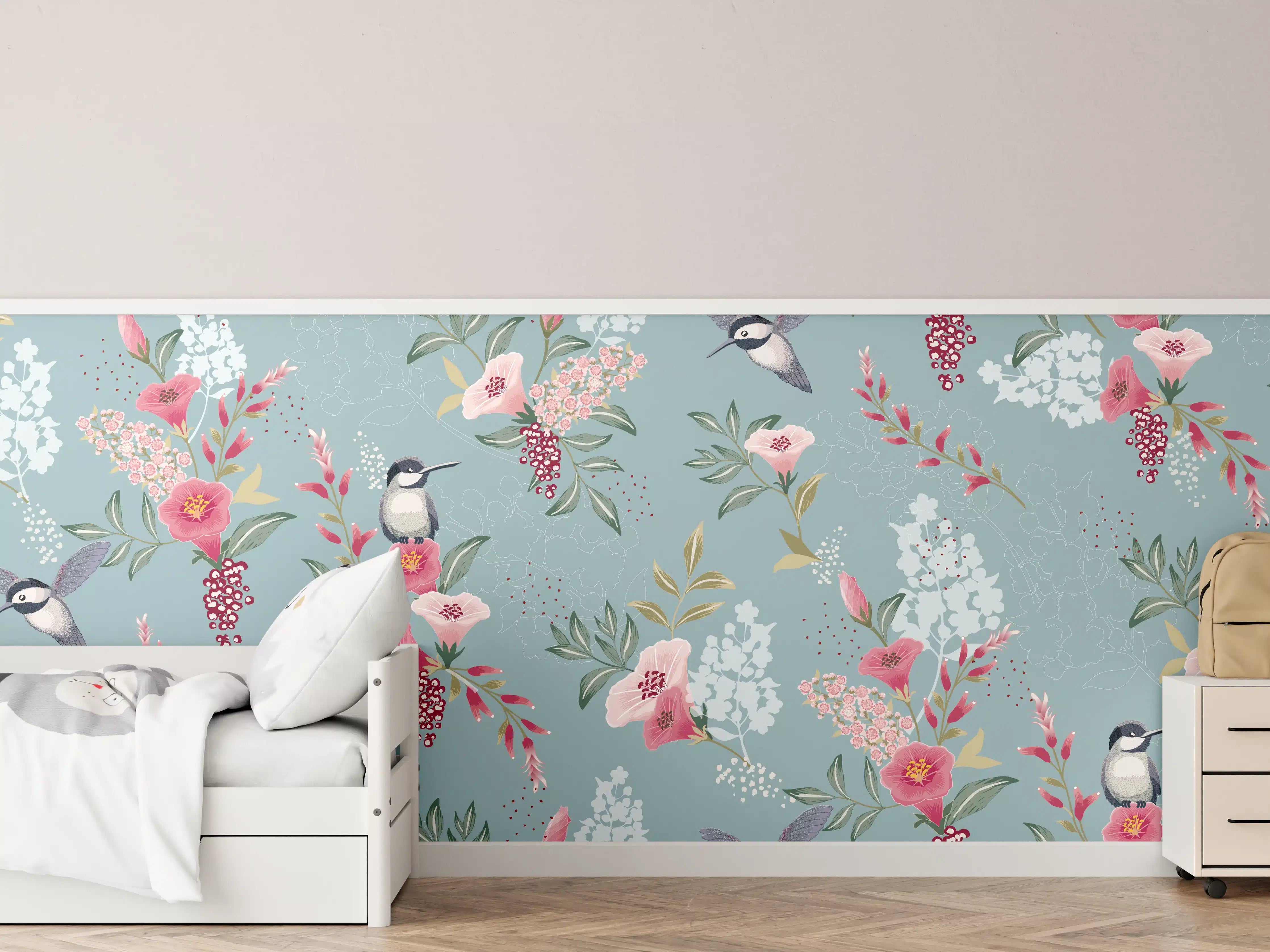 Kinderzimmer Wandgestaltung - Florales Muster mit Vögeln Pastell