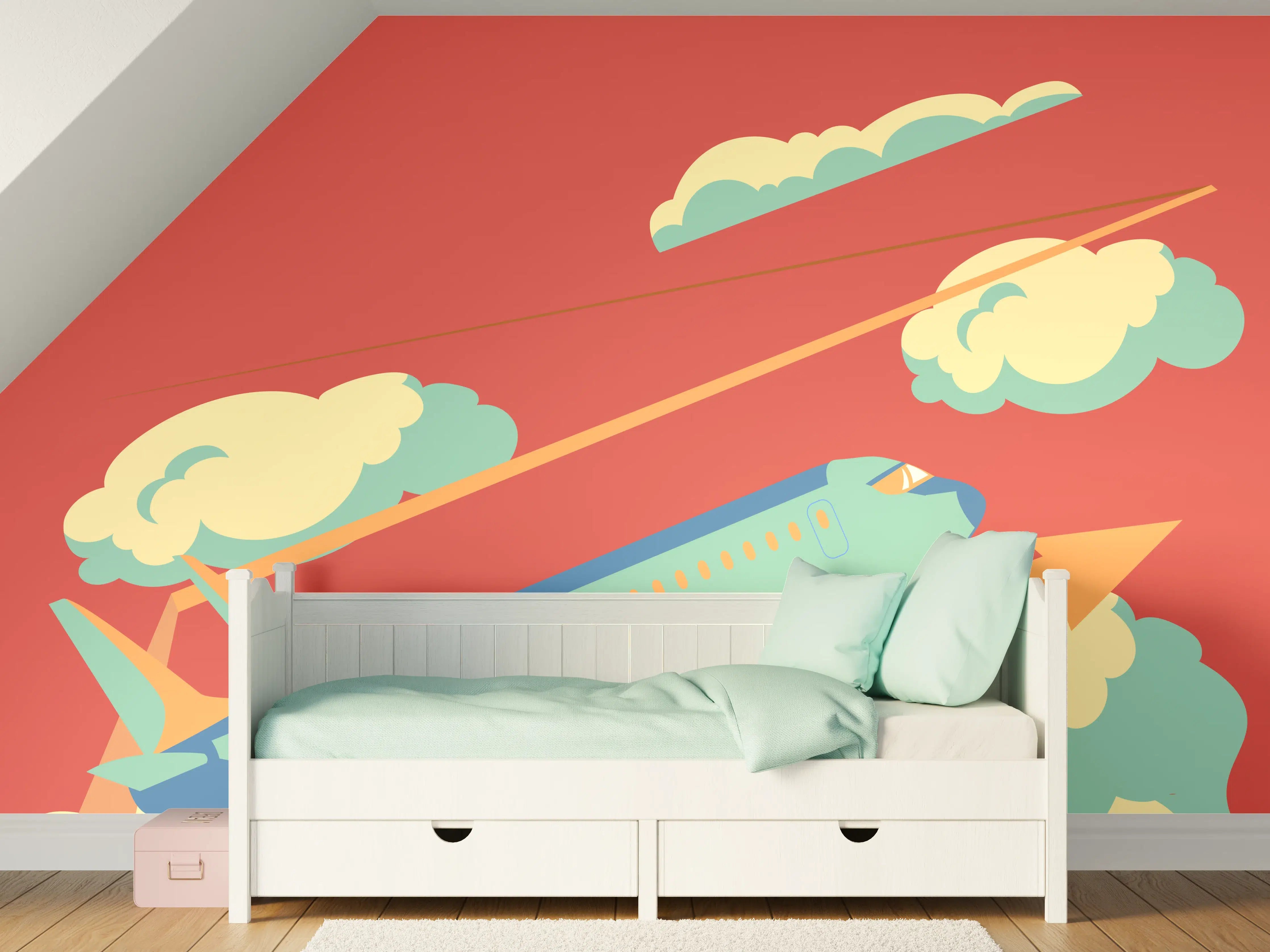 Kinderzimmer Wandgestaltung - Flugzeug im Himmel mit Wolken, warmes Orange