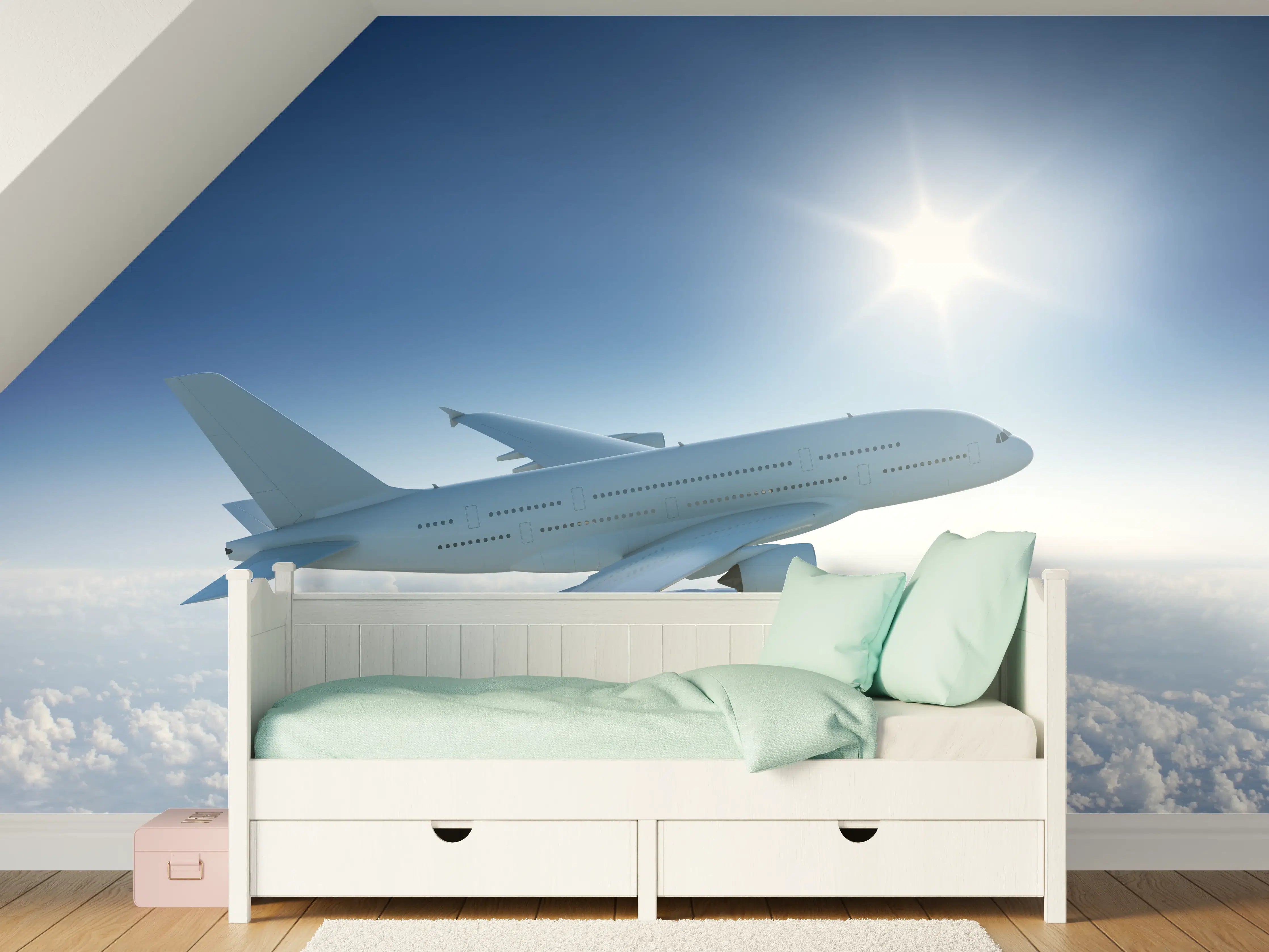 Kinderzimmer Wandgestaltung - Flugzeug über weißen Wolken