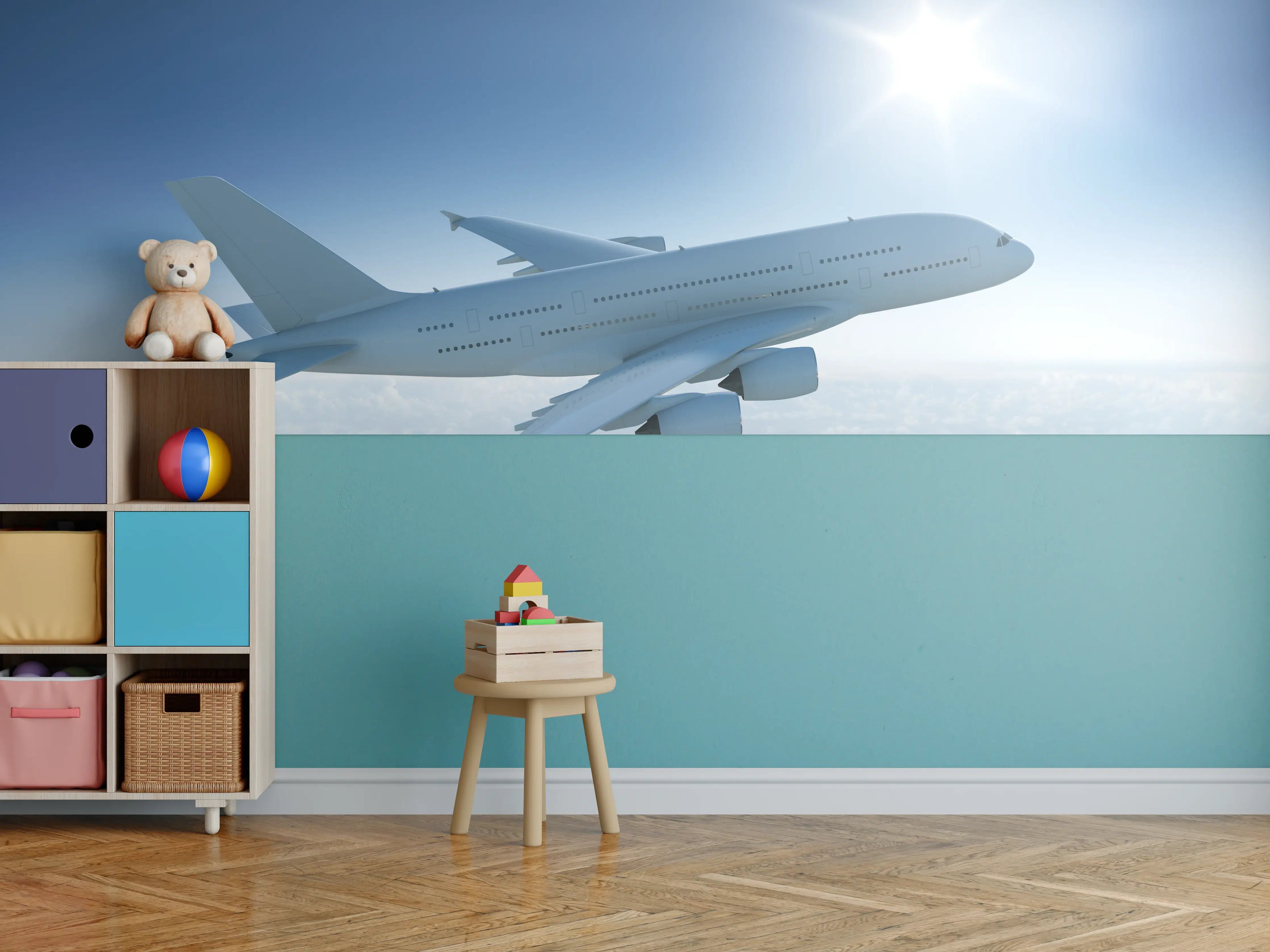 Kinderzimmer Wandgestaltung - Flugzeug über weißen Wolken