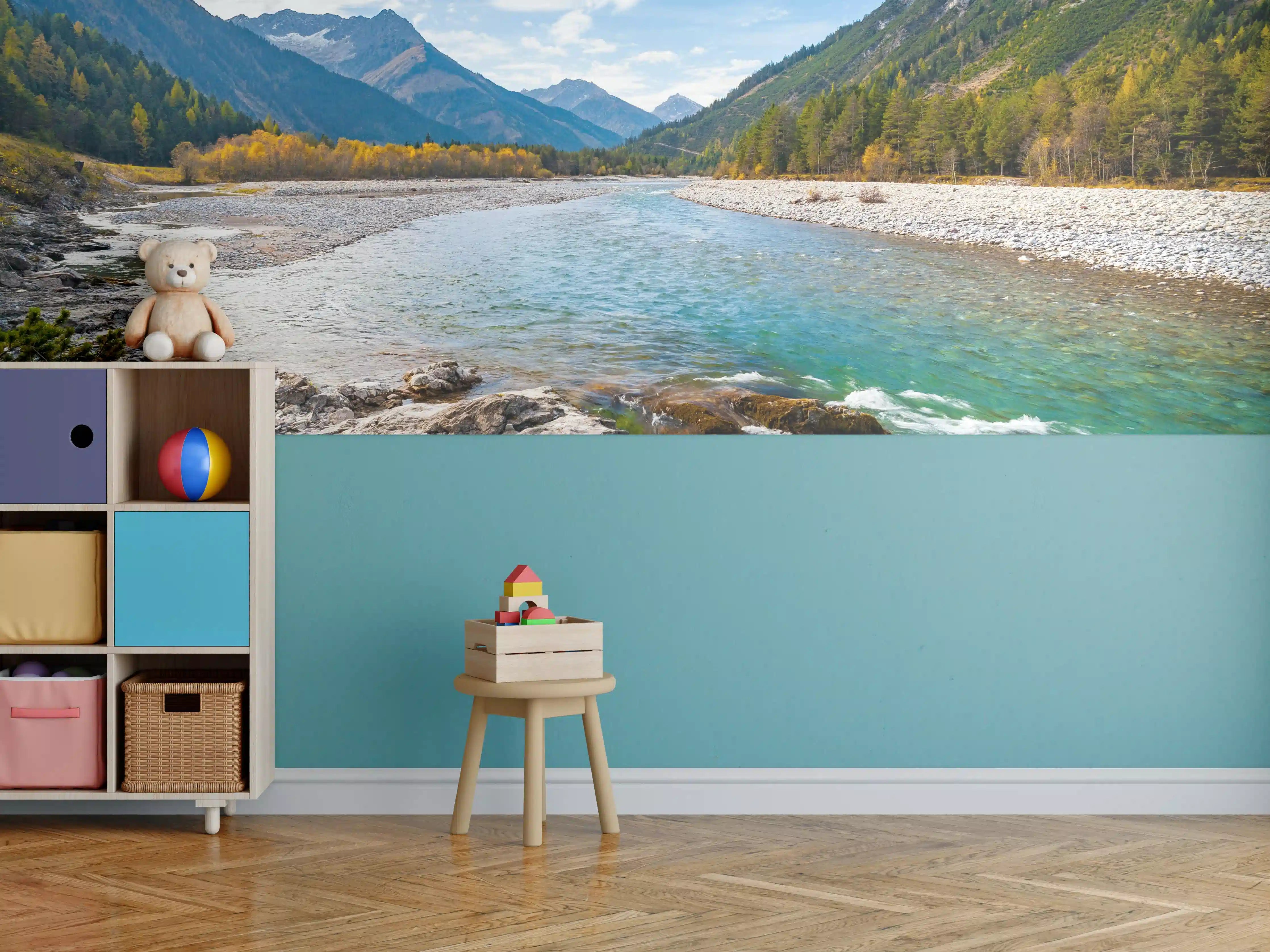 Kinderzimmer Wandgestaltung - Fluss durch die Alpen im Herbst