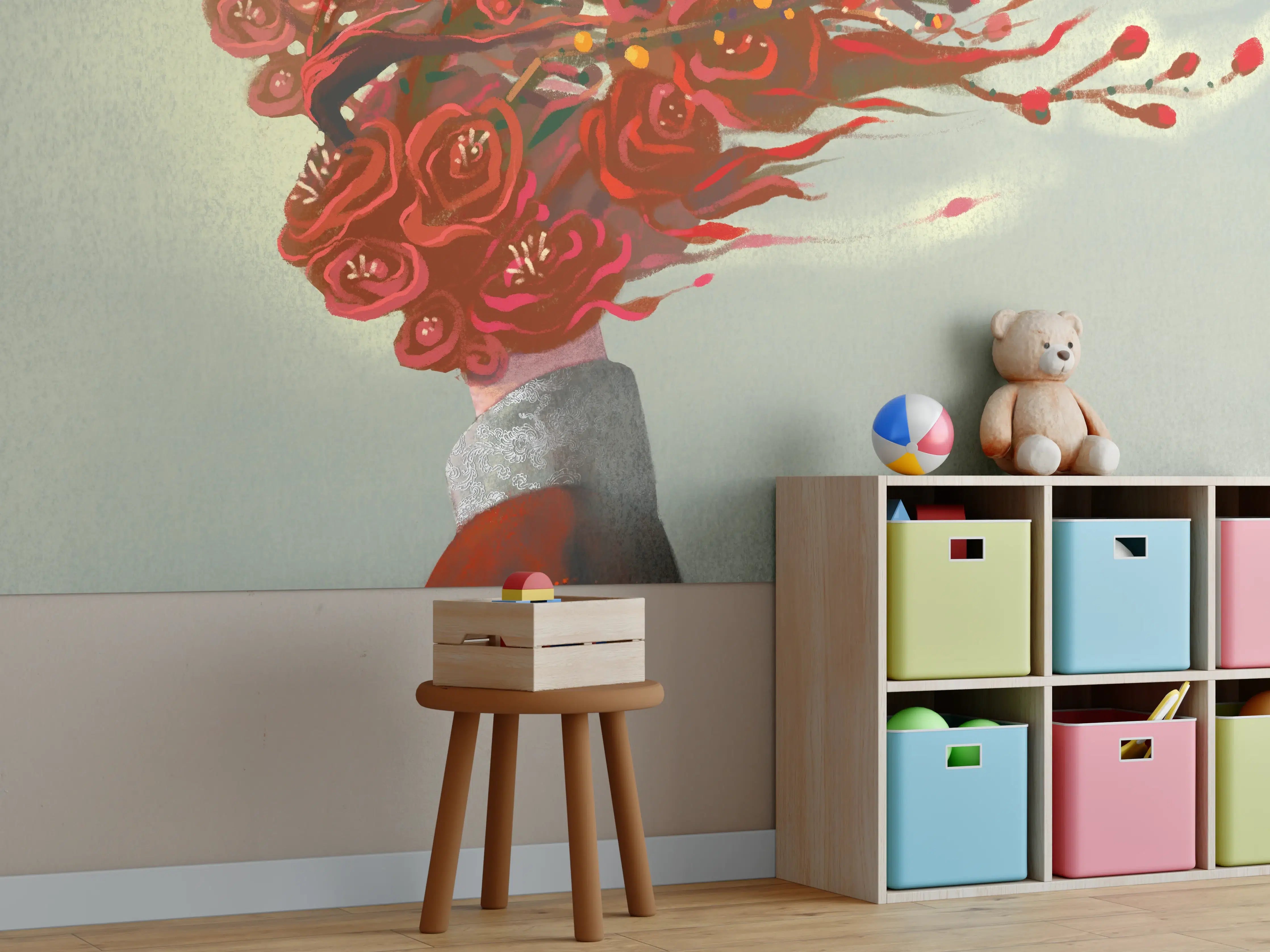 Kinderzimmer Wandgestaltung - Frau mit roten Blumen Kopf