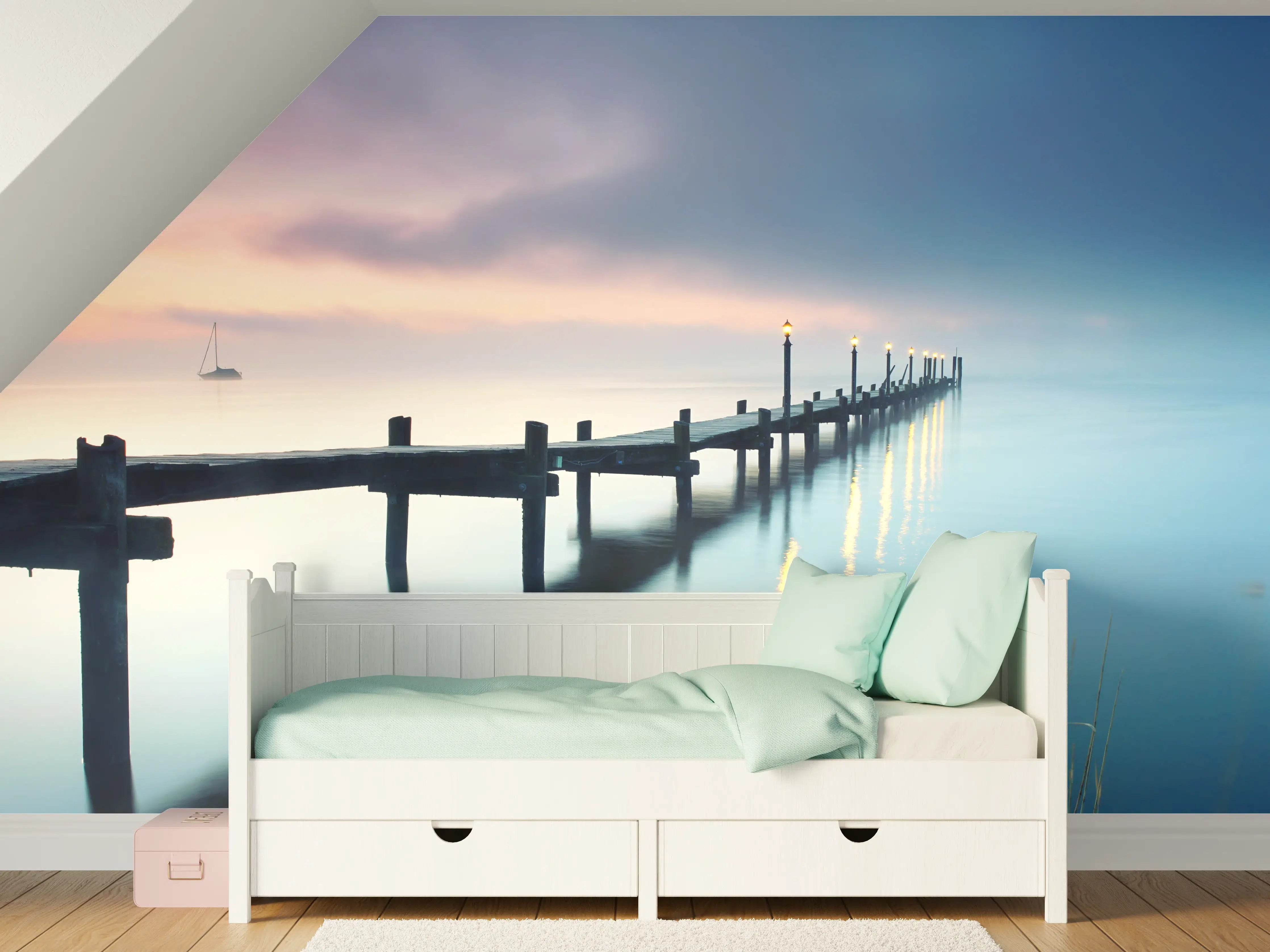 Kinderzimmer Wandgestaltung - Friedlicher Meer Steg am Morgen