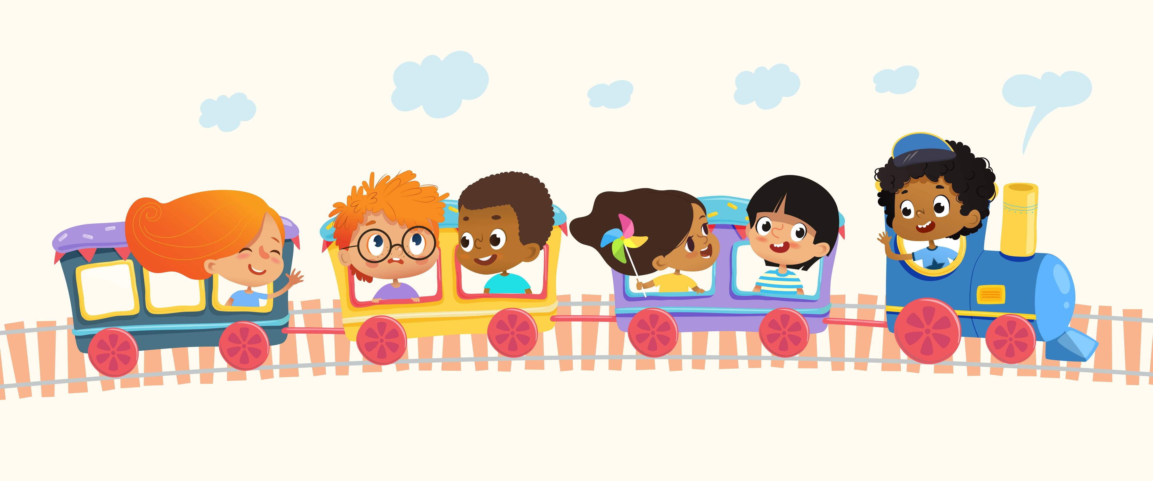 Kinderzimmer Wandgestaltung-Fröhliche Kinderfahrt mit buntem Kinderzug