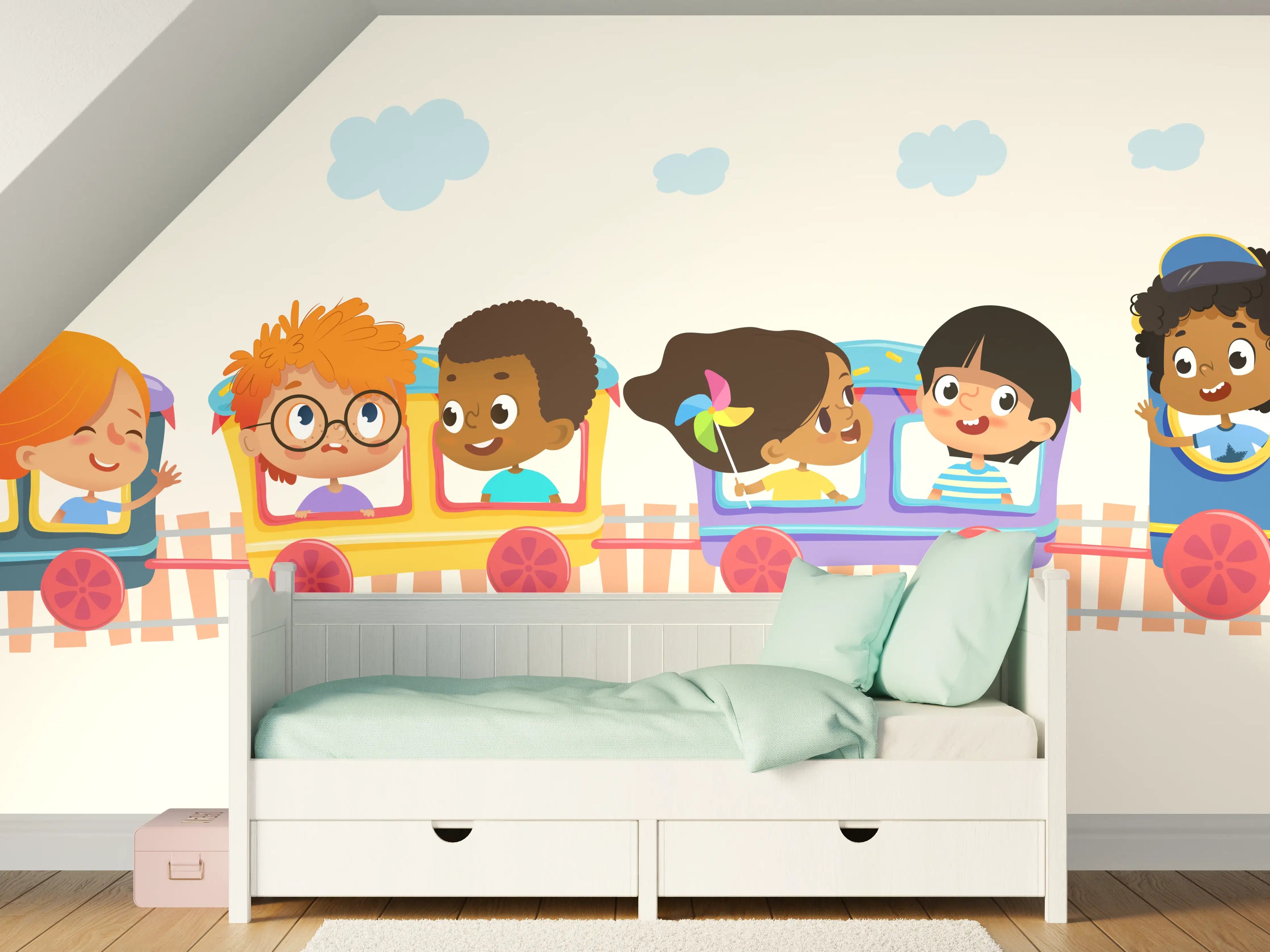 Kinderzimmer Wandgestaltung - Fröhliche Kinderfahrt mit buntem Kinderzug