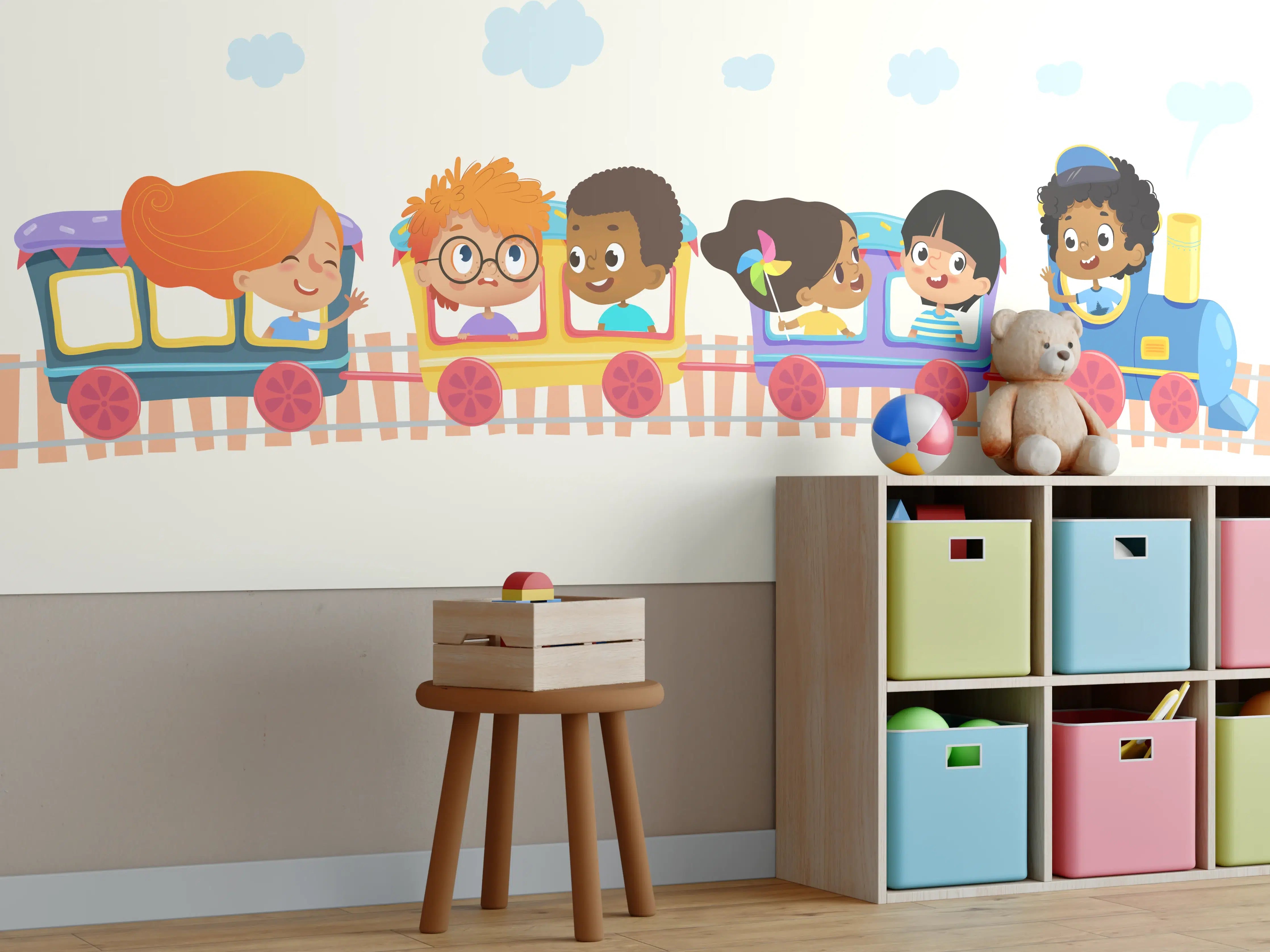 Kinderzimmer Wandgestaltung - Fröhliche Kinderfahrt mit buntem Kinderzug