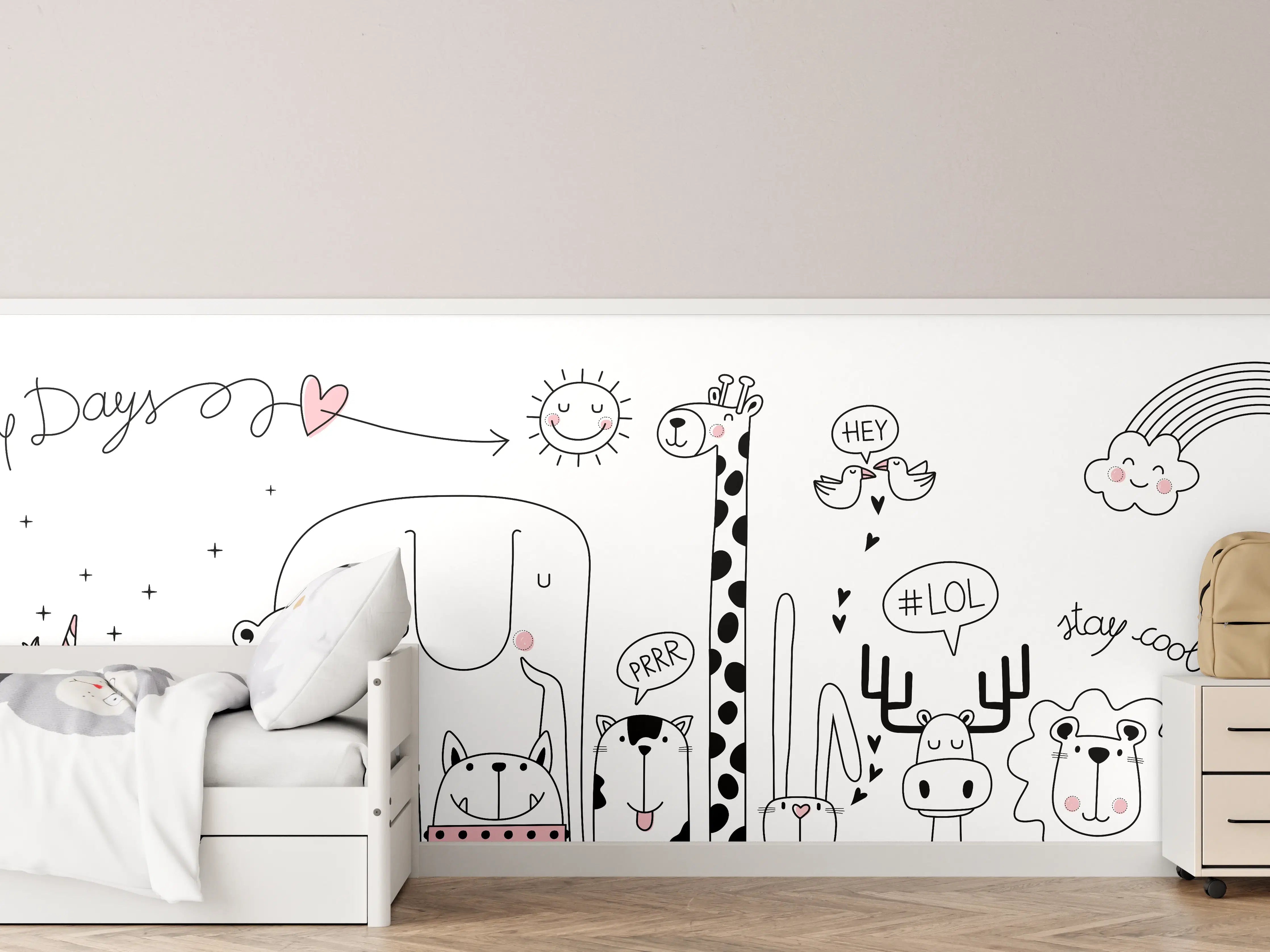 Kinderzimmer Wandgestaltung - Fröhliche Tiermotive Schwarz-Weiß