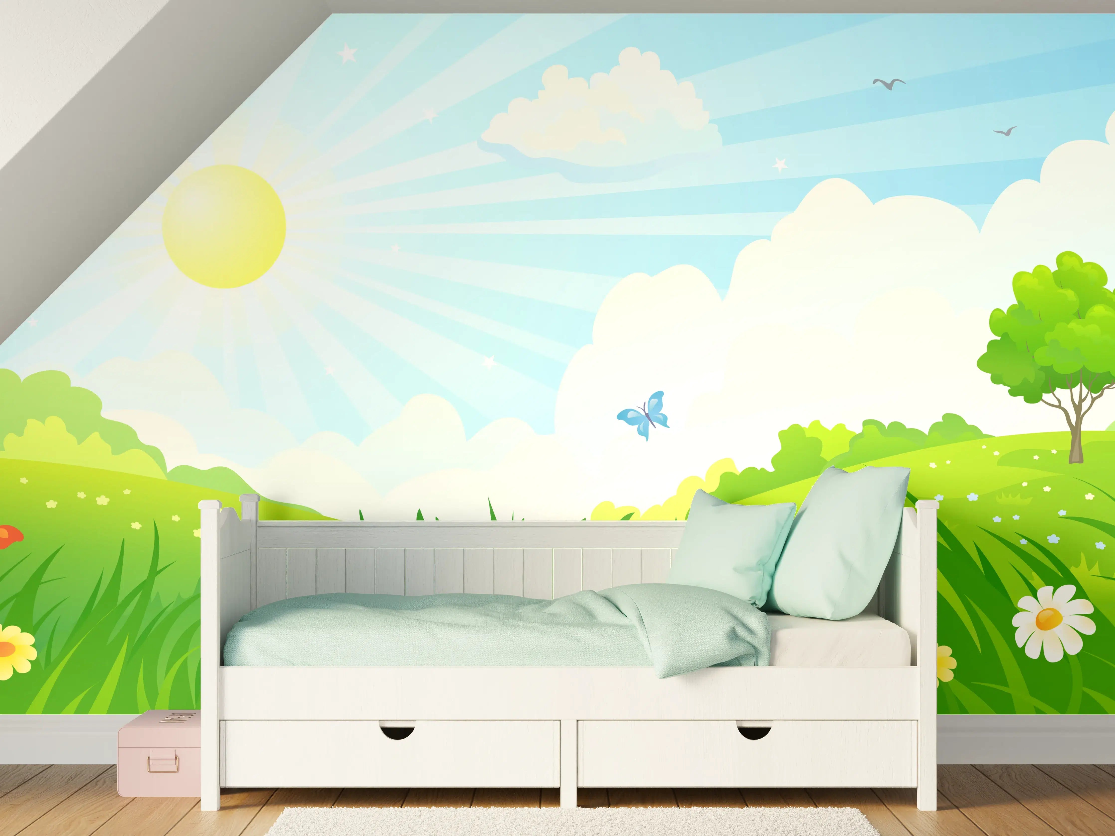 Kinderzimmer Wandgestaltung - Fröhlicher Sonnentag mit Blumen und Schmetterlingen