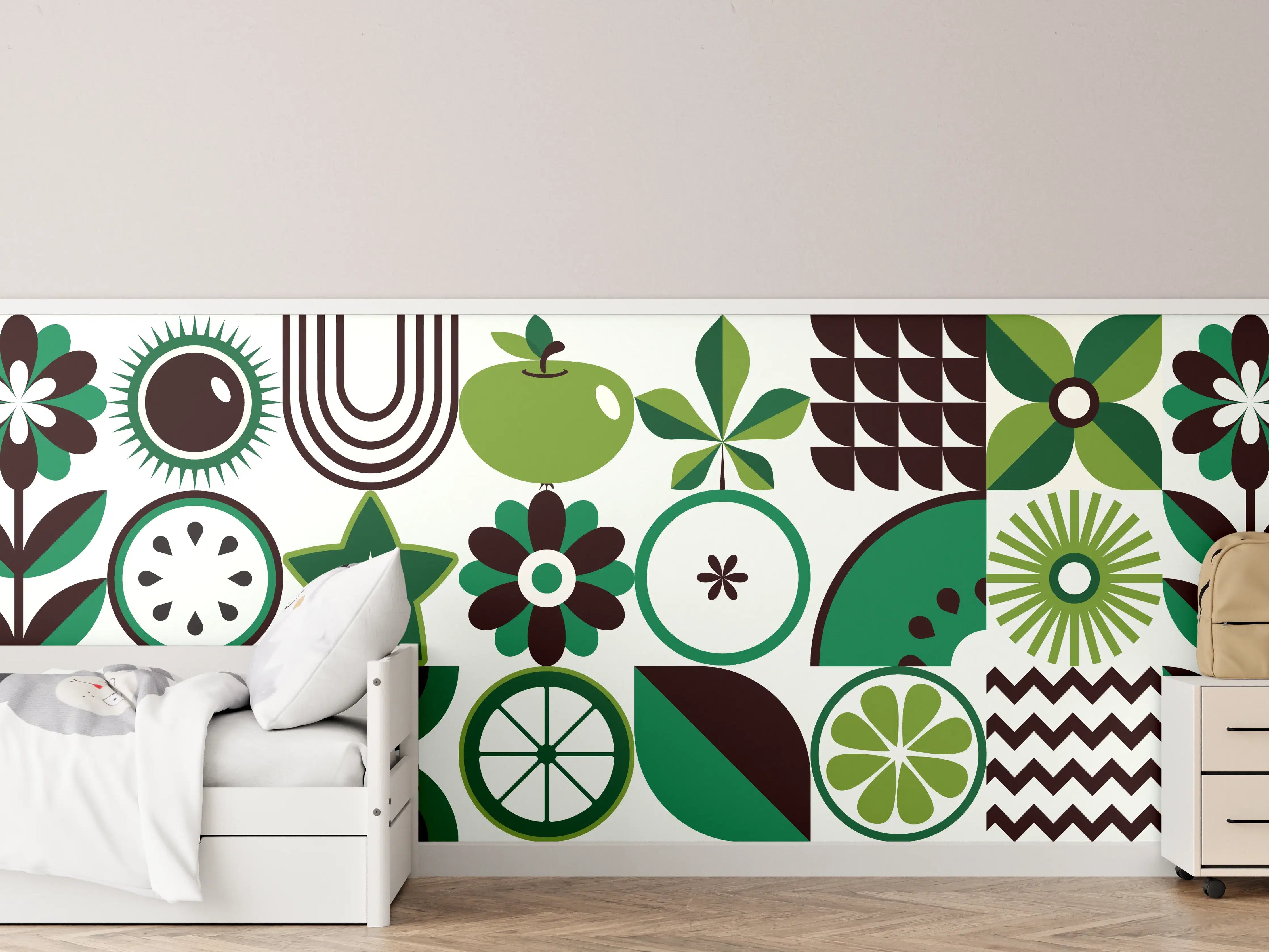 Kinderzimmer Wandgestaltung - Fröhliches grünes Apfel-Muster mit Blumen