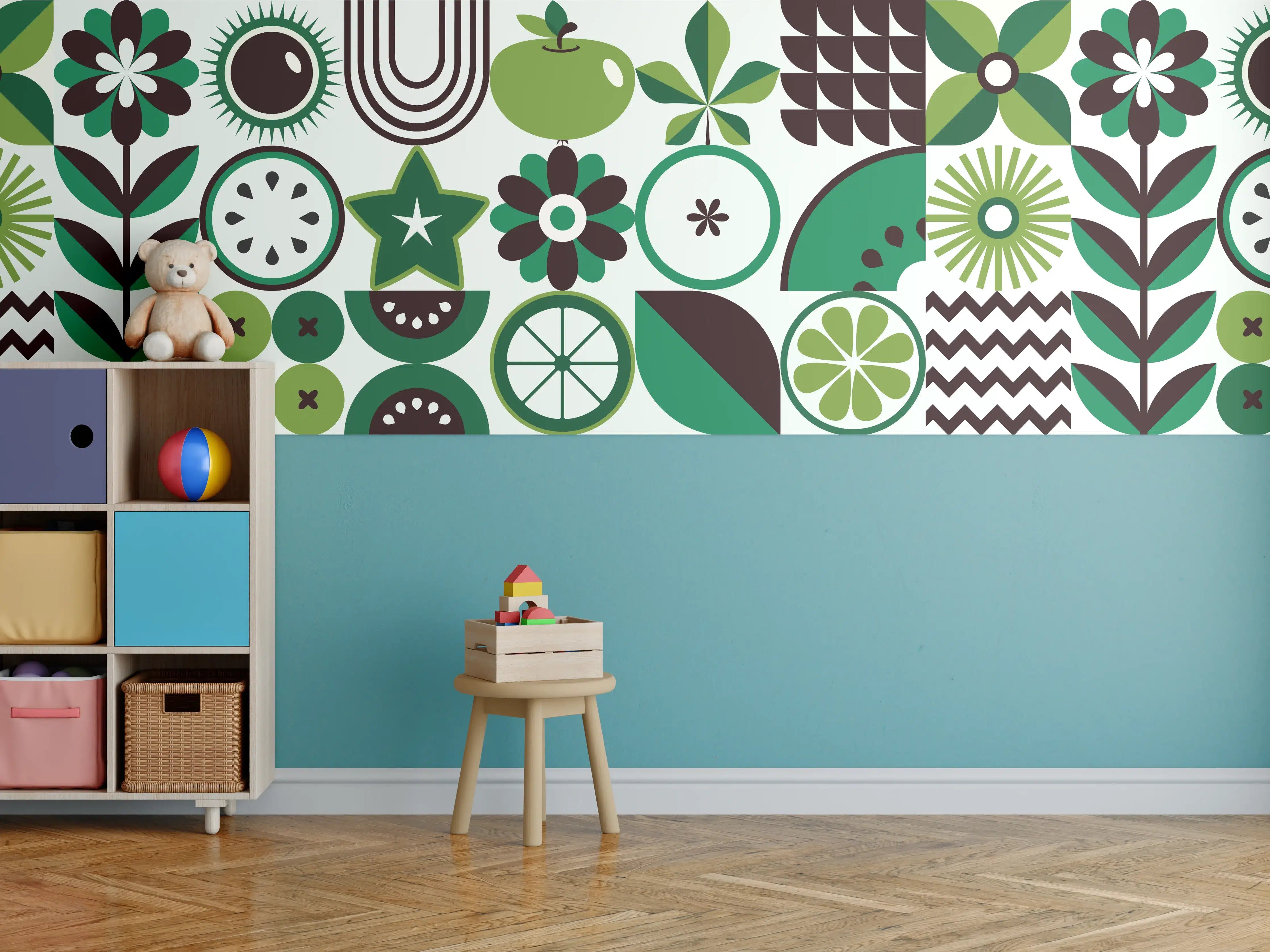 Kinderzimmer Wandgestaltung - Fröhliches grünes Apfel-Muster mit Blumen
